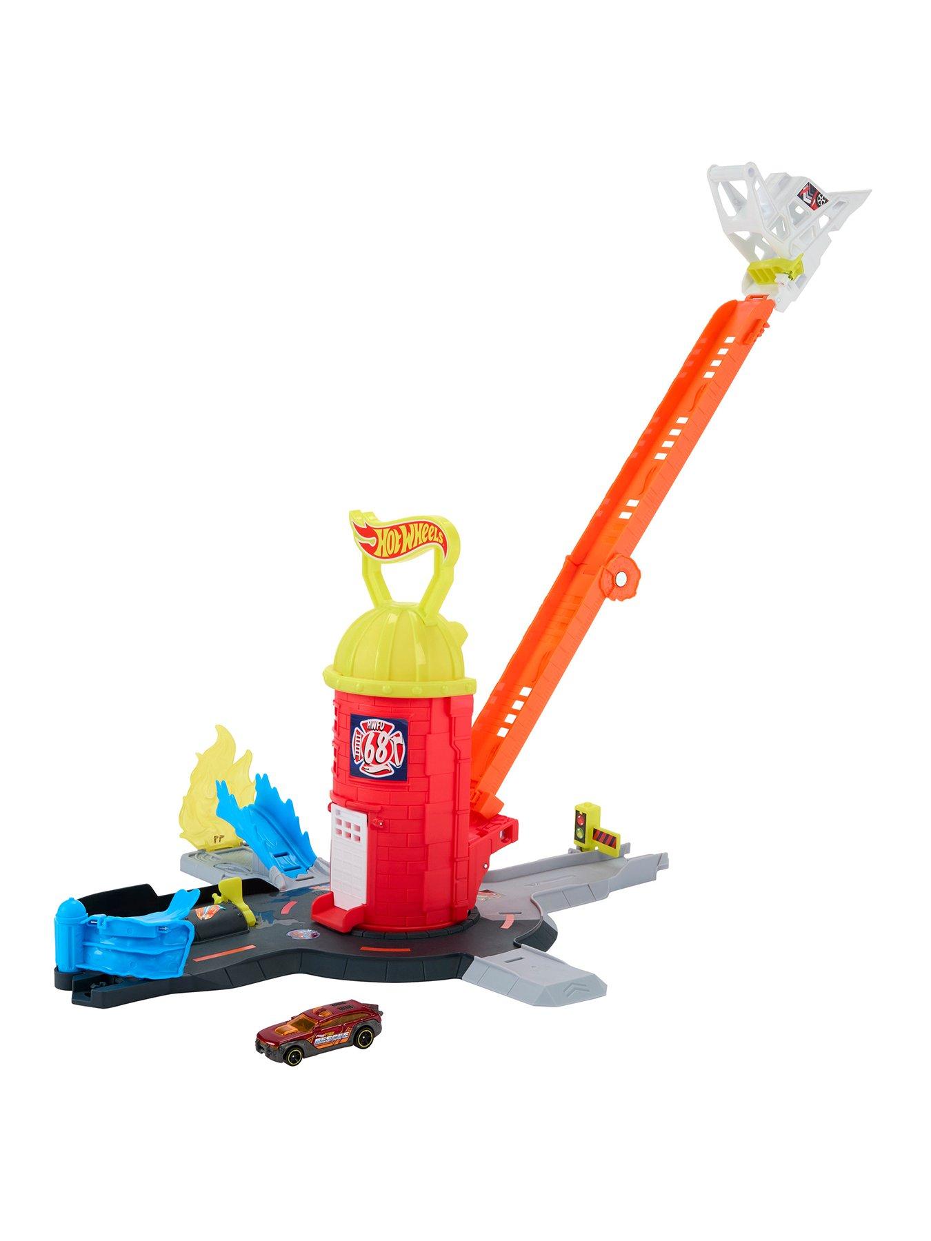 Image 1 of 5 of Hot Wheels Hot Wheels City Super Fire Station Rescue Playset &amp; 1:64 Scale Toy Car, Track Extends 16'