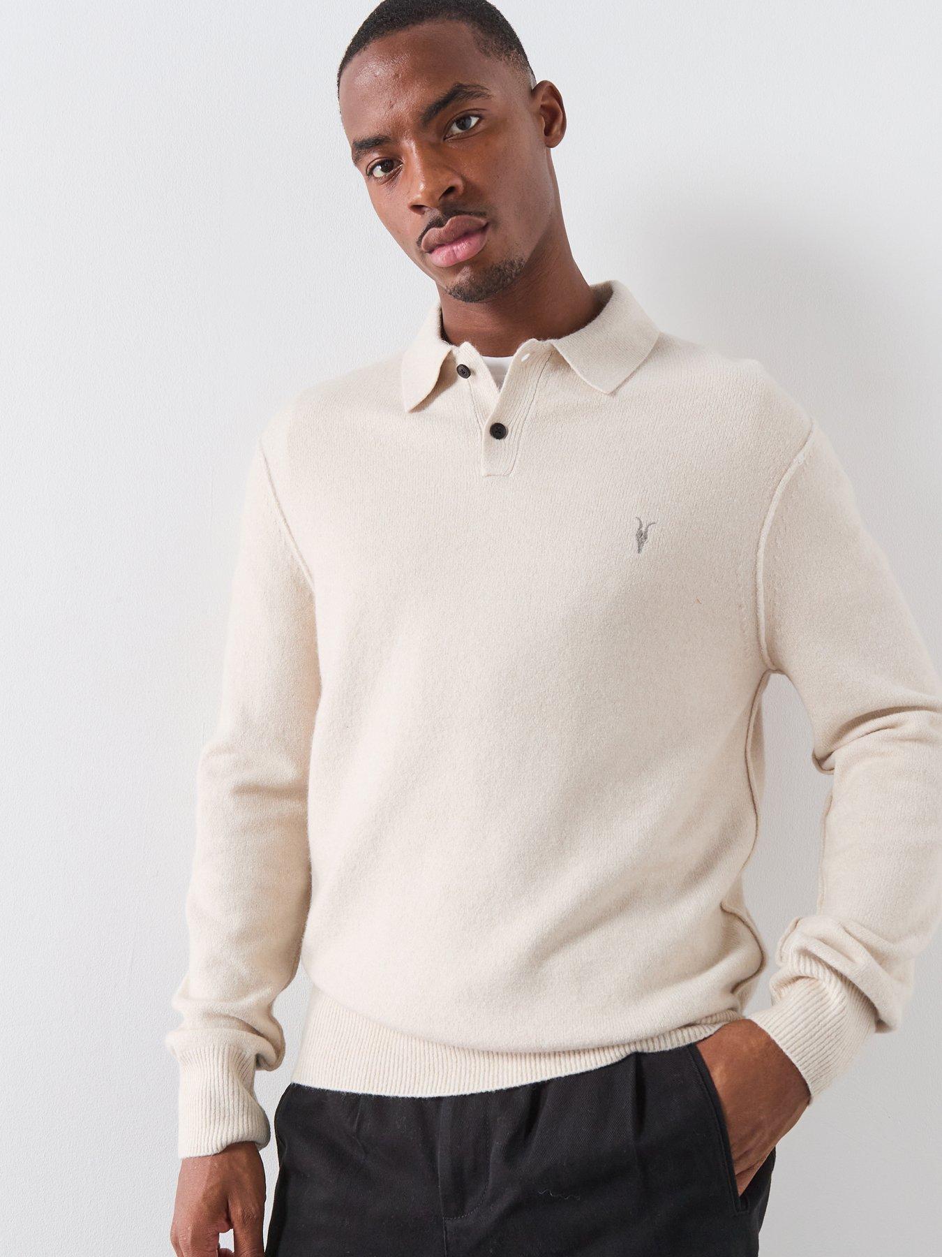 Image 1 of 6 of AllSaints Statten Long Sleeve Knitted Polo - White