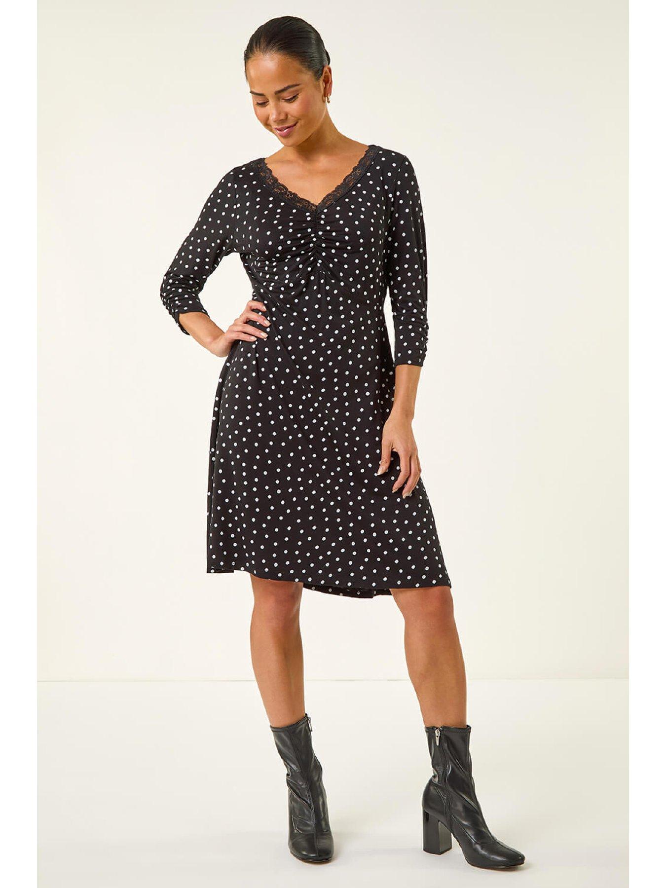 Image 1 of 5 of Roman Petite Polka Dot Lace Trim Dress