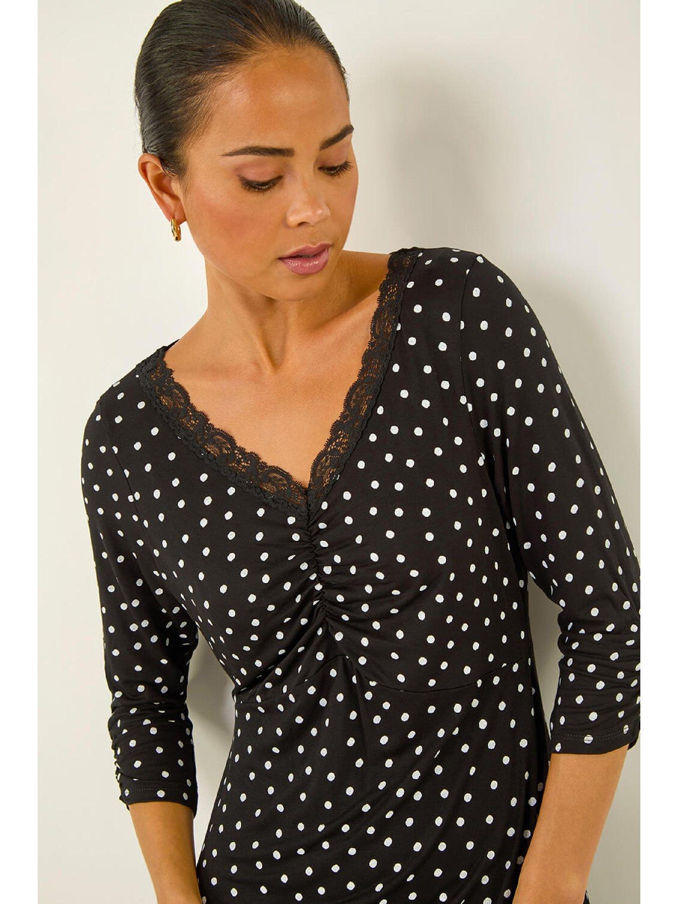 Image 4 of 5 of Roman Petite Polka Dot Lace Trim Dress