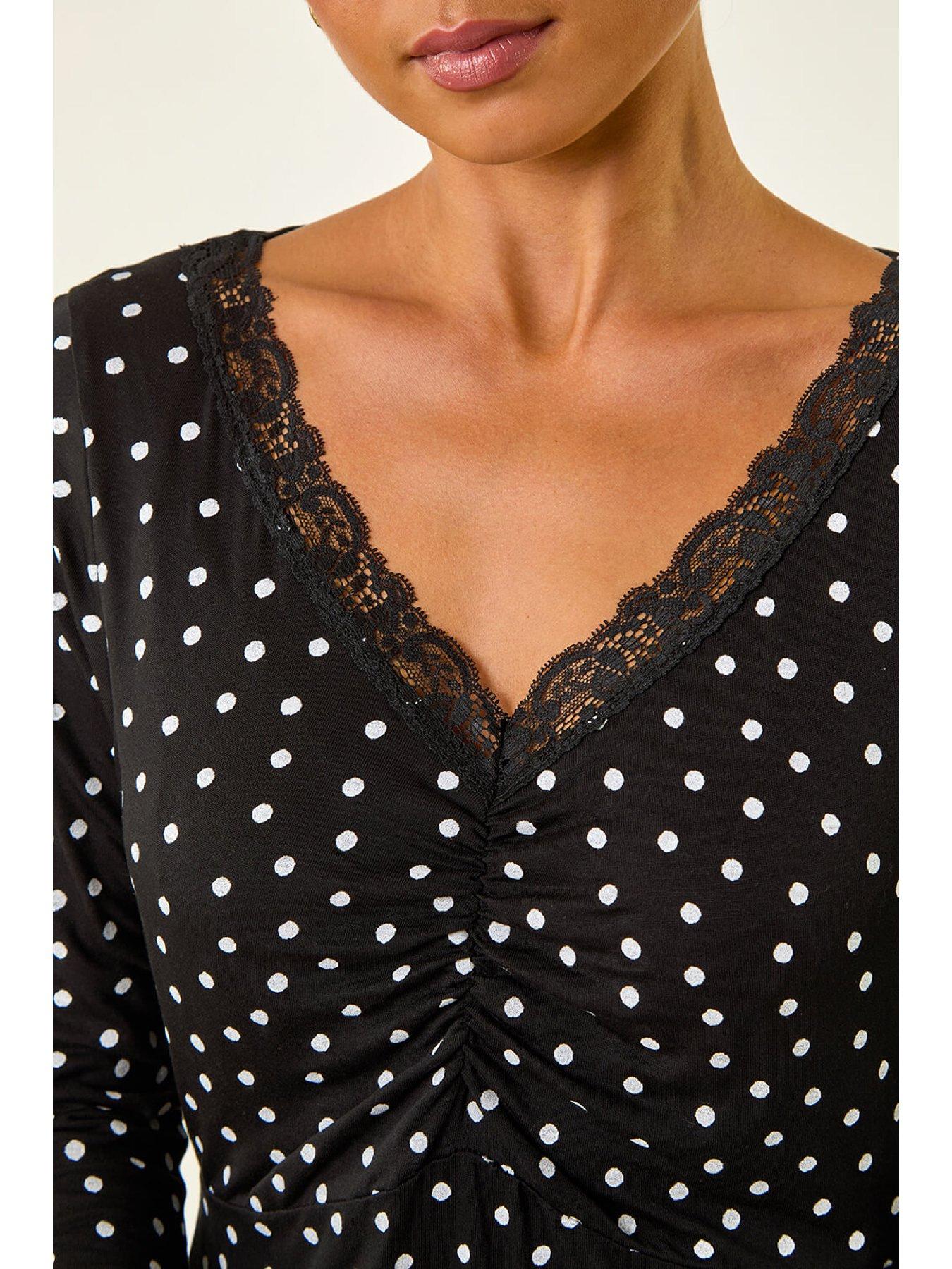Image 5 of 5 of Roman Petite Polka Dot Lace Trim Dress