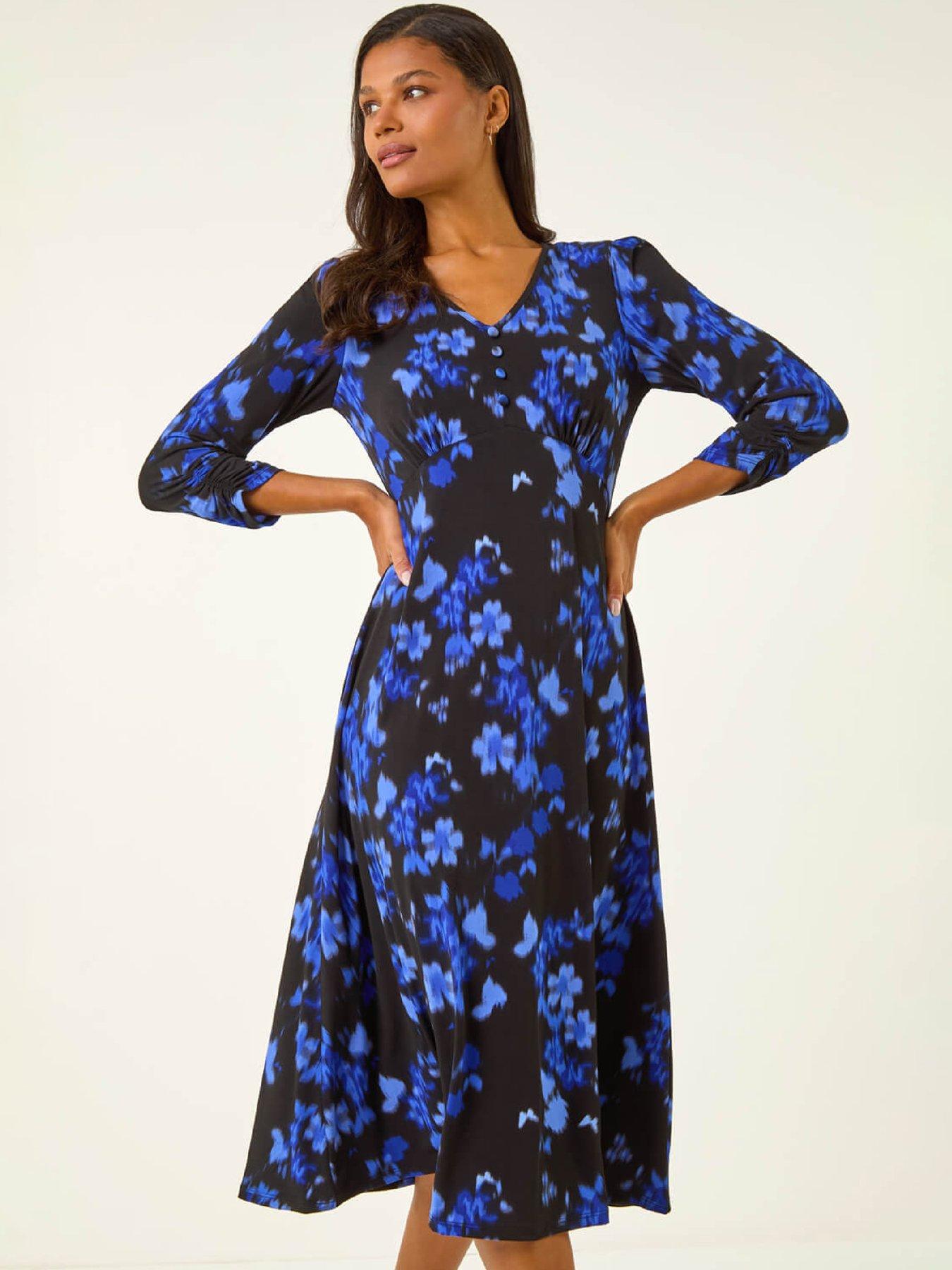 Image 1 of 5 of Roman Floral Print Button Midi Dress