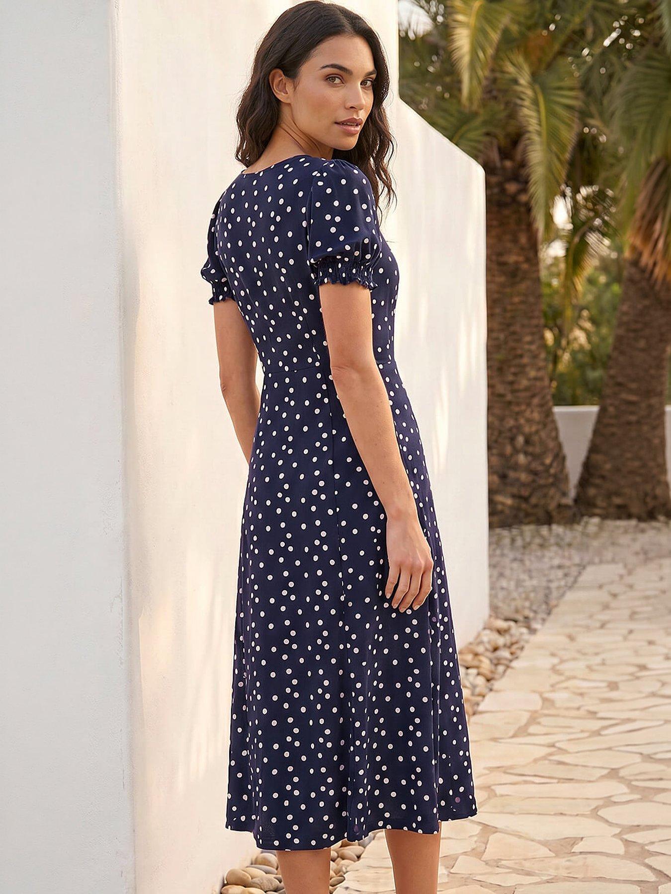 Image 3 of 4 of Roman Spot Print Sweetheart Neck Midi Dress
