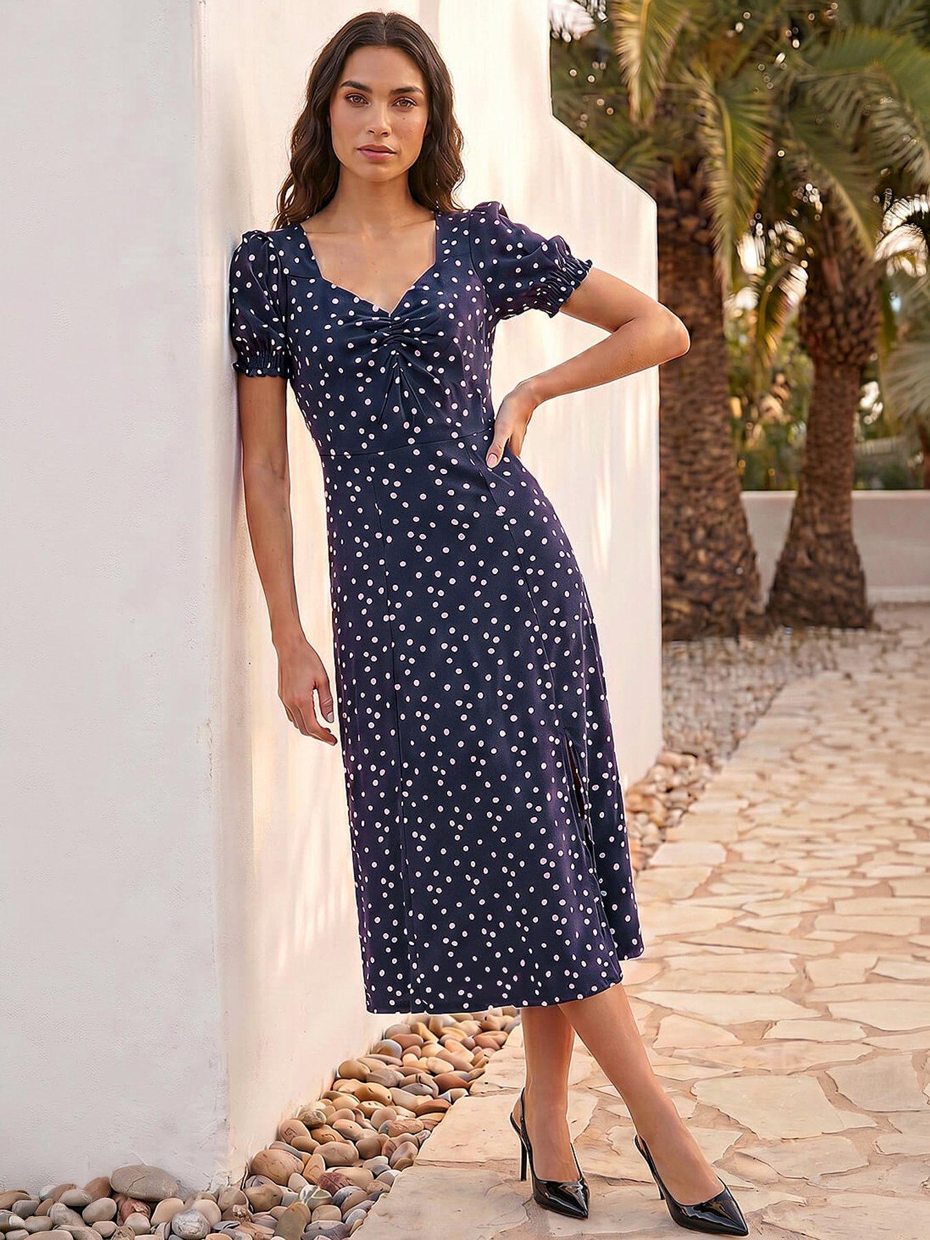 Image 4 of 4 of Roman Spot Print Sweetheart Neck Midi Dress