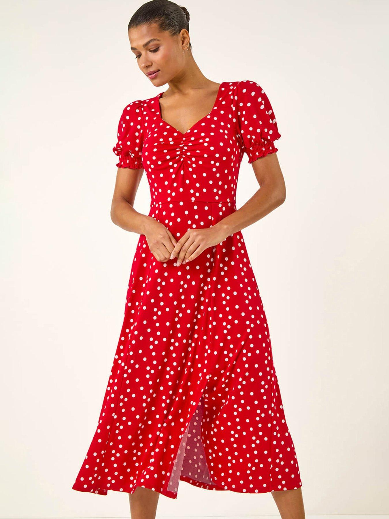 Roman Spot Print Sweetheart Neck Midi Dress