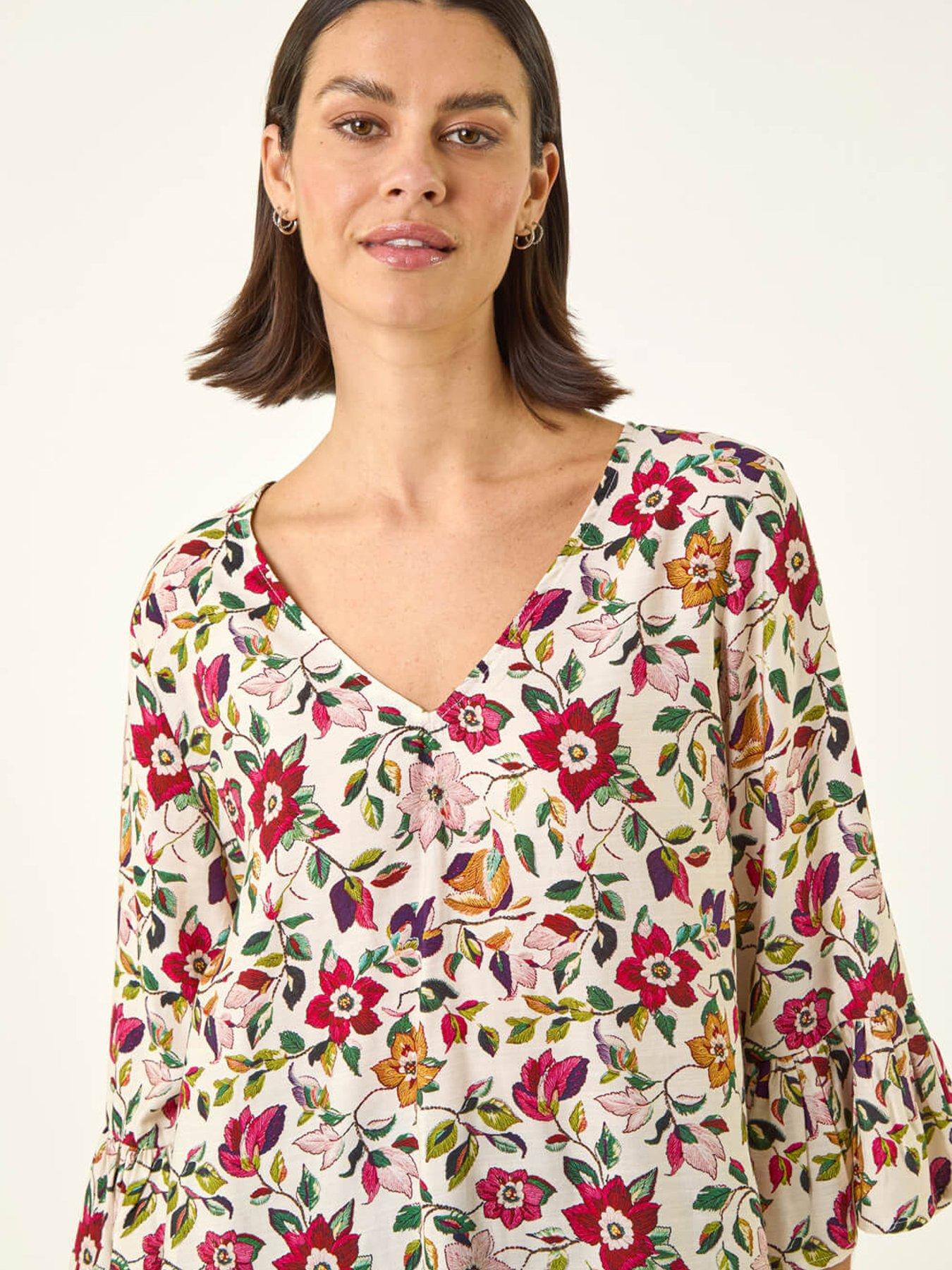 roman-floral-print-flare-sleeve-topoutfit