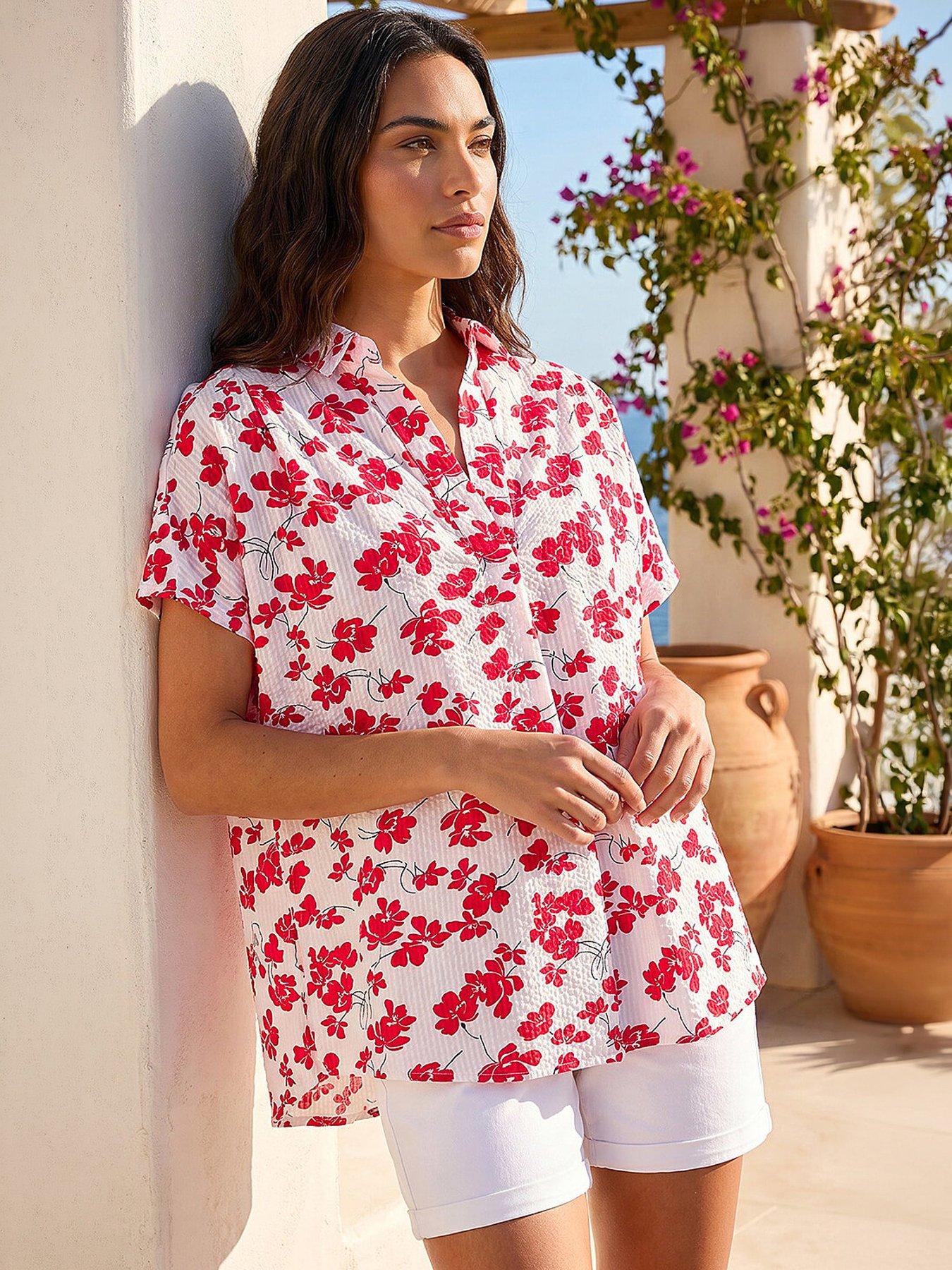 Roman Floral Print Pleat Neck Top