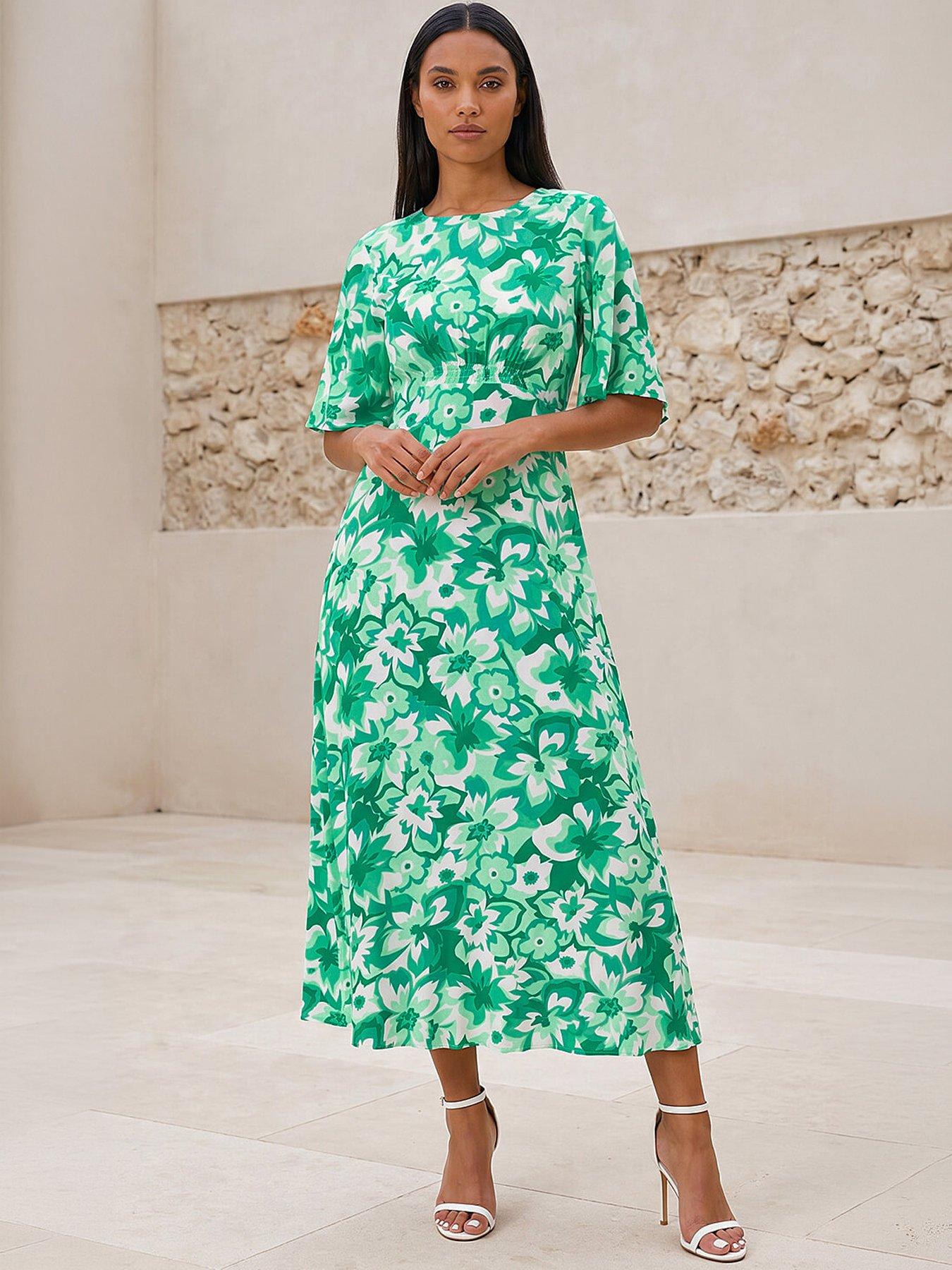 Roman Floral Print Angel Sleeve Midi Dress
