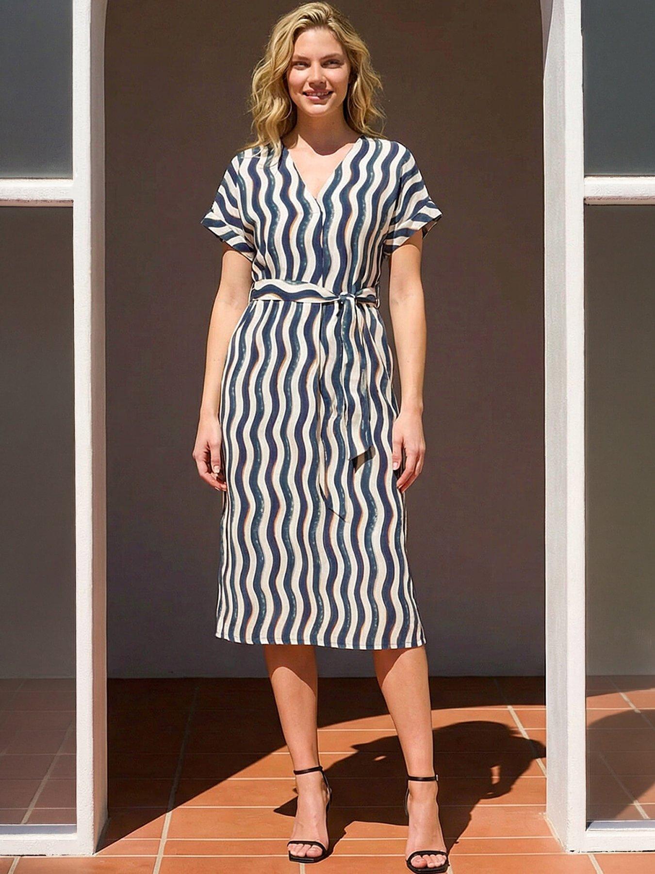 Roman Wave Print Belted Midi Dress