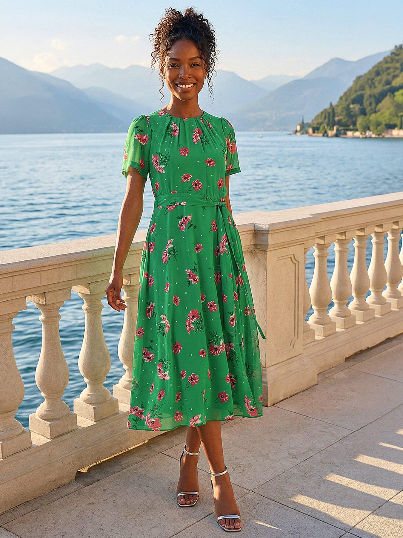 Roman Floral Chiffon Pleated Dress