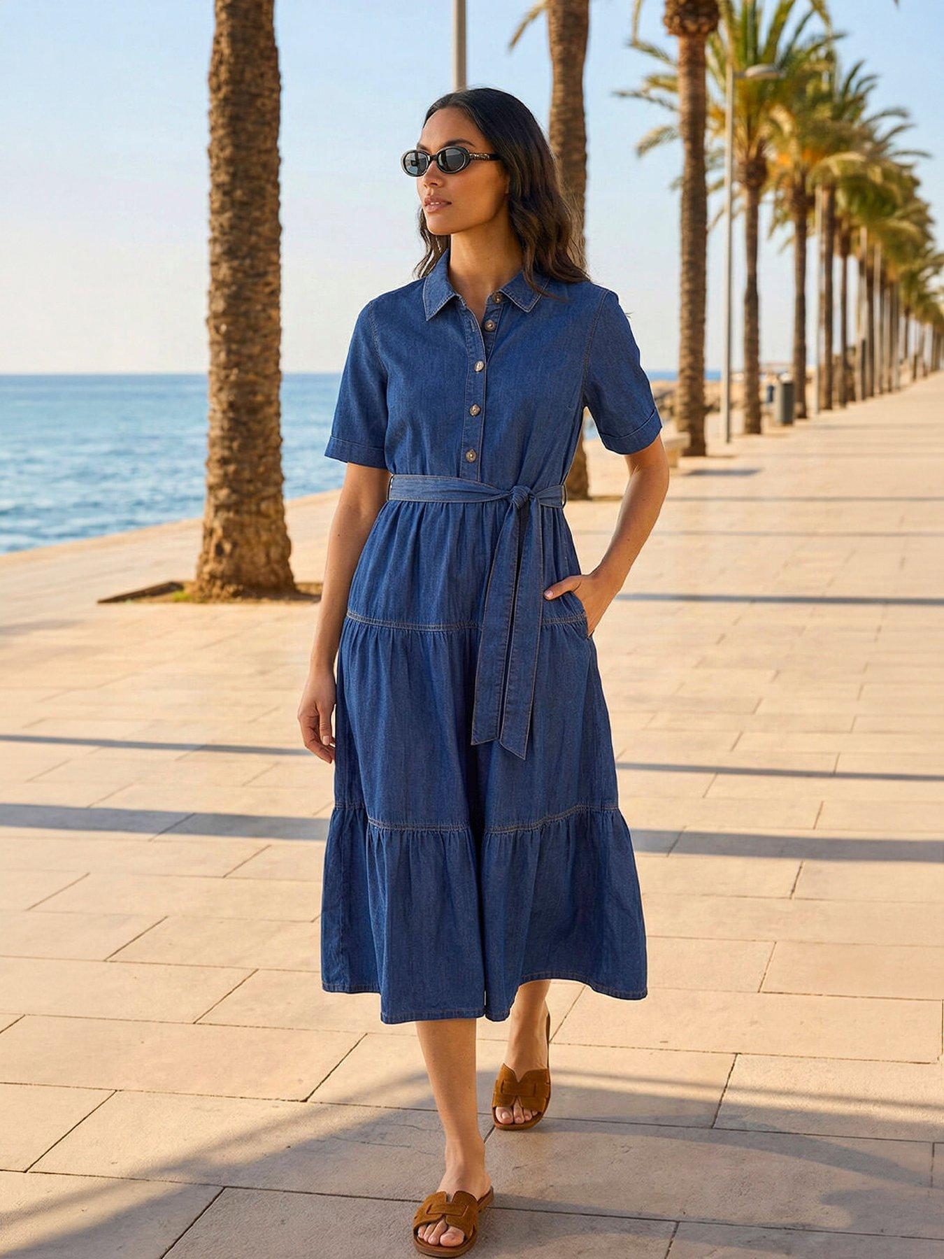 Roman Button Detail Tiered Midi Dress