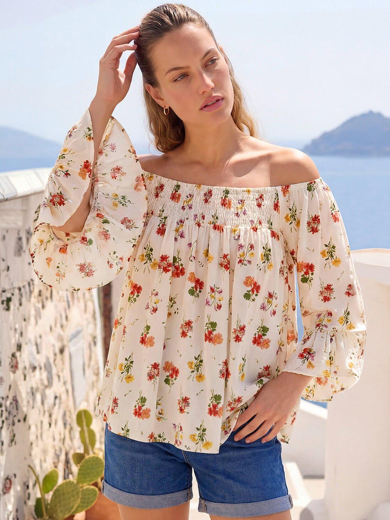 Roman Floral Print Bardot Top