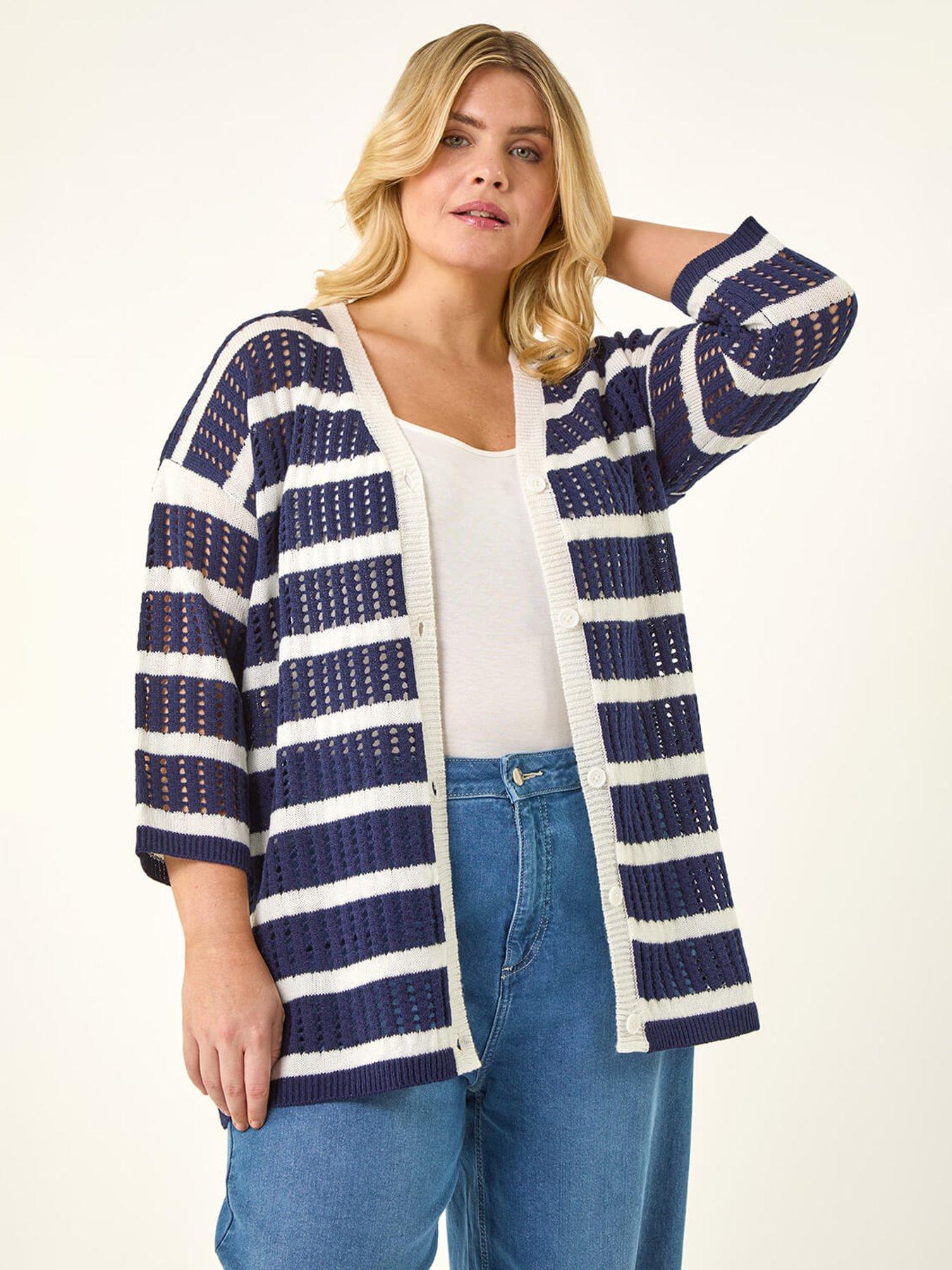 Image 1 of 5 of Roman Curve Stripe Crochet Knit Cardigan