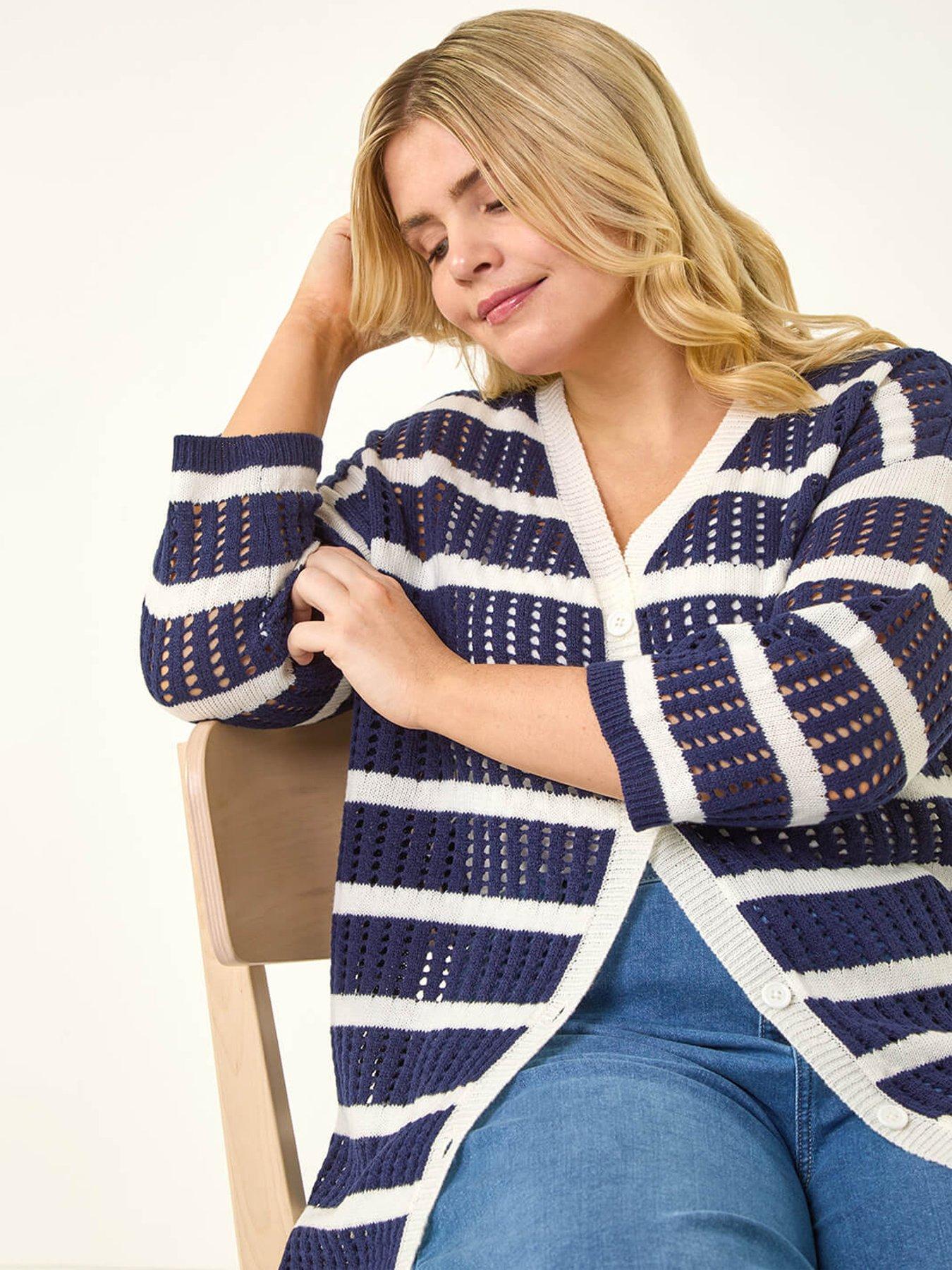 Image 4 of 5 of Roman Curve Stripe Crochet Knit Cardigan