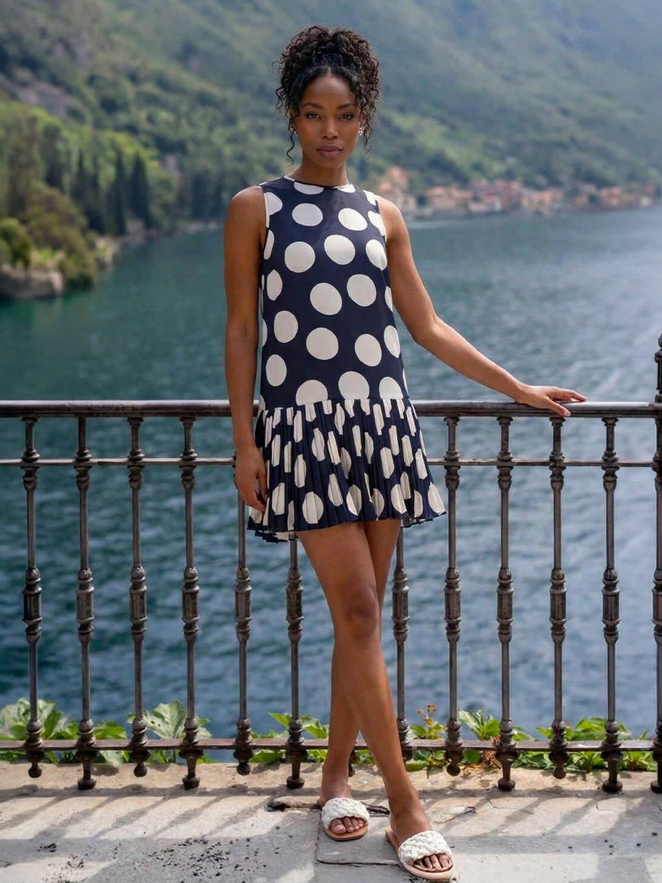 Roman Spot Print Pleated A-line Dress
