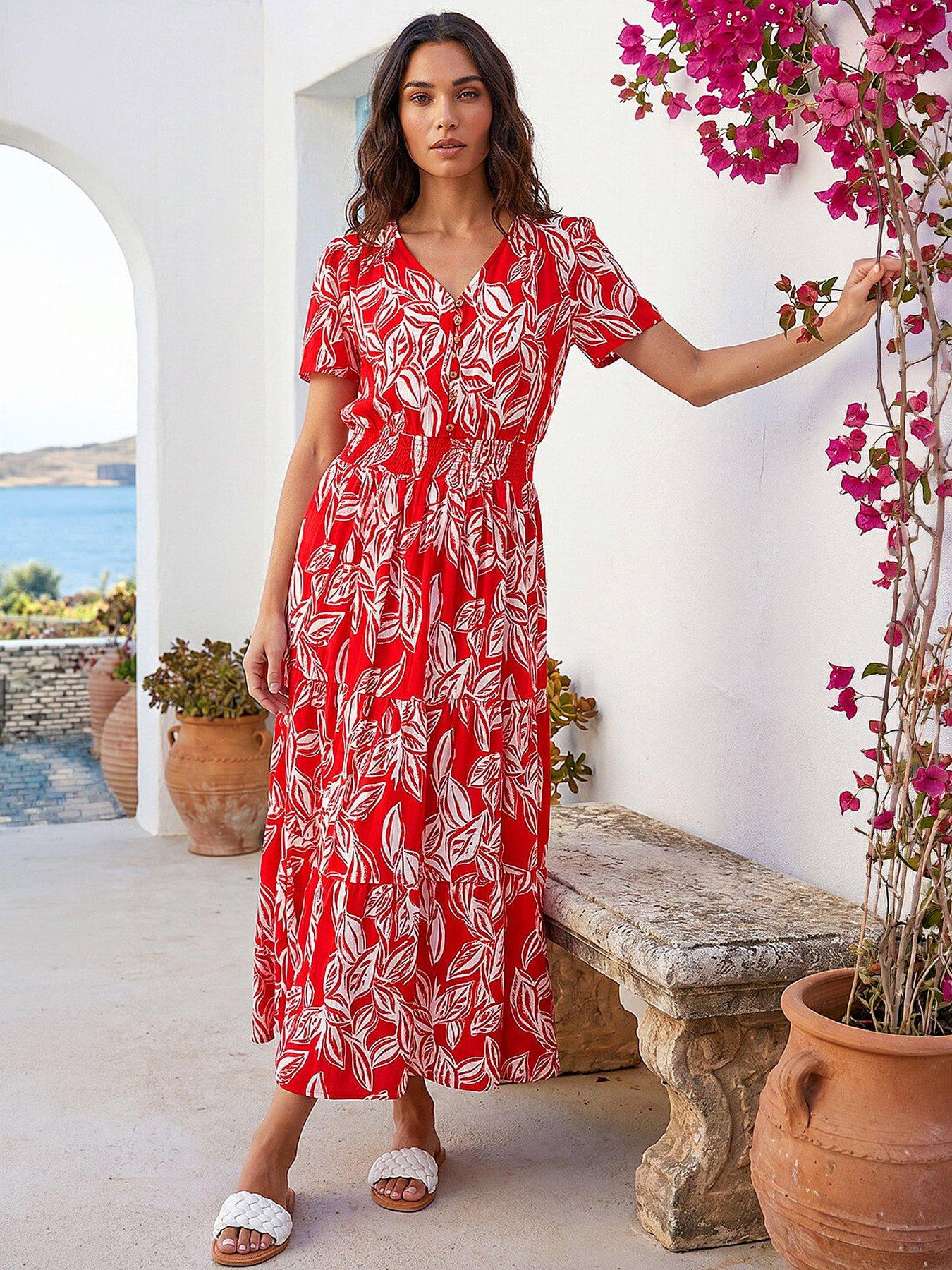 Image 4 of 5 of Roman Leaf Print Shirred Maxi Dress