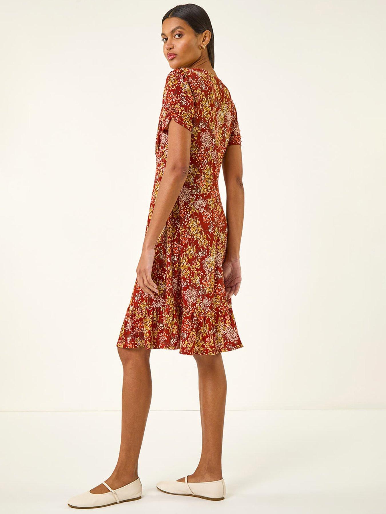 Image 2 of 5 of Roman Floral Print Button Stretch Tea Dress