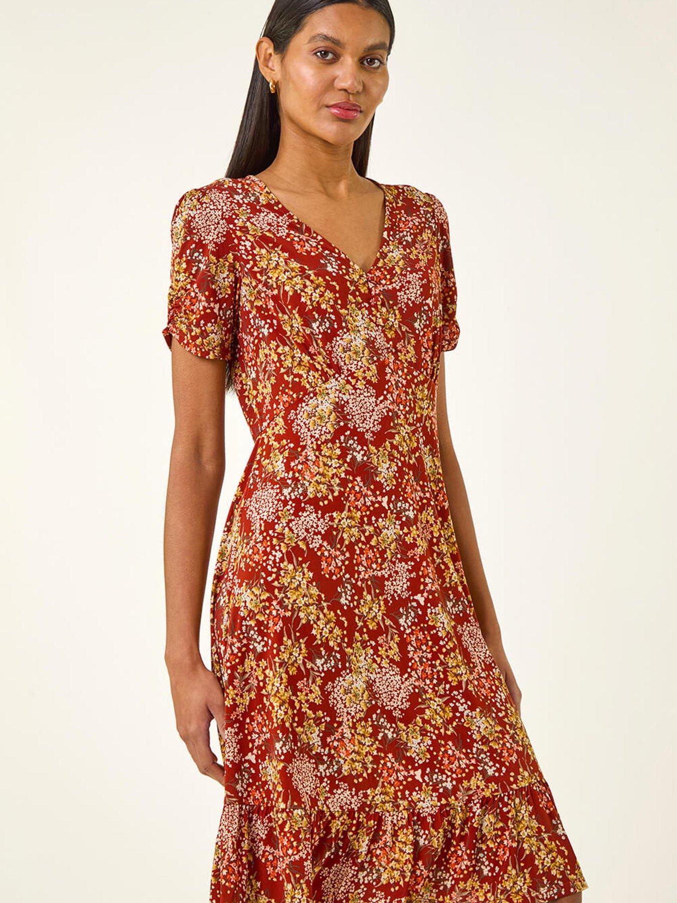 Image 4 of 5 of Roman Floral Print Button Stretch Tea Dress