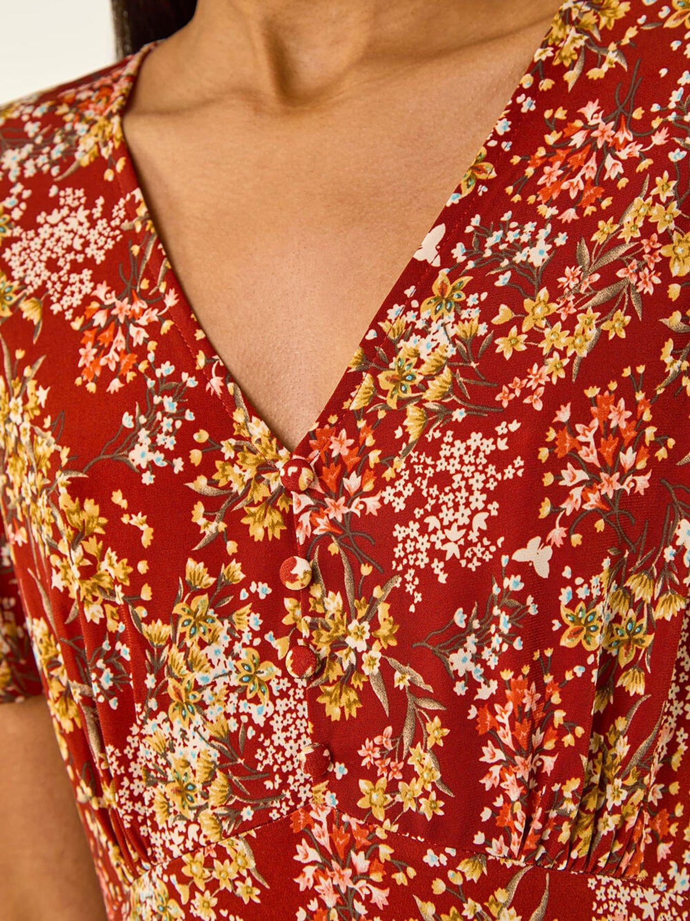 Image 5 of 5 of Roman Floral Print Button Stretch Tea Dress
