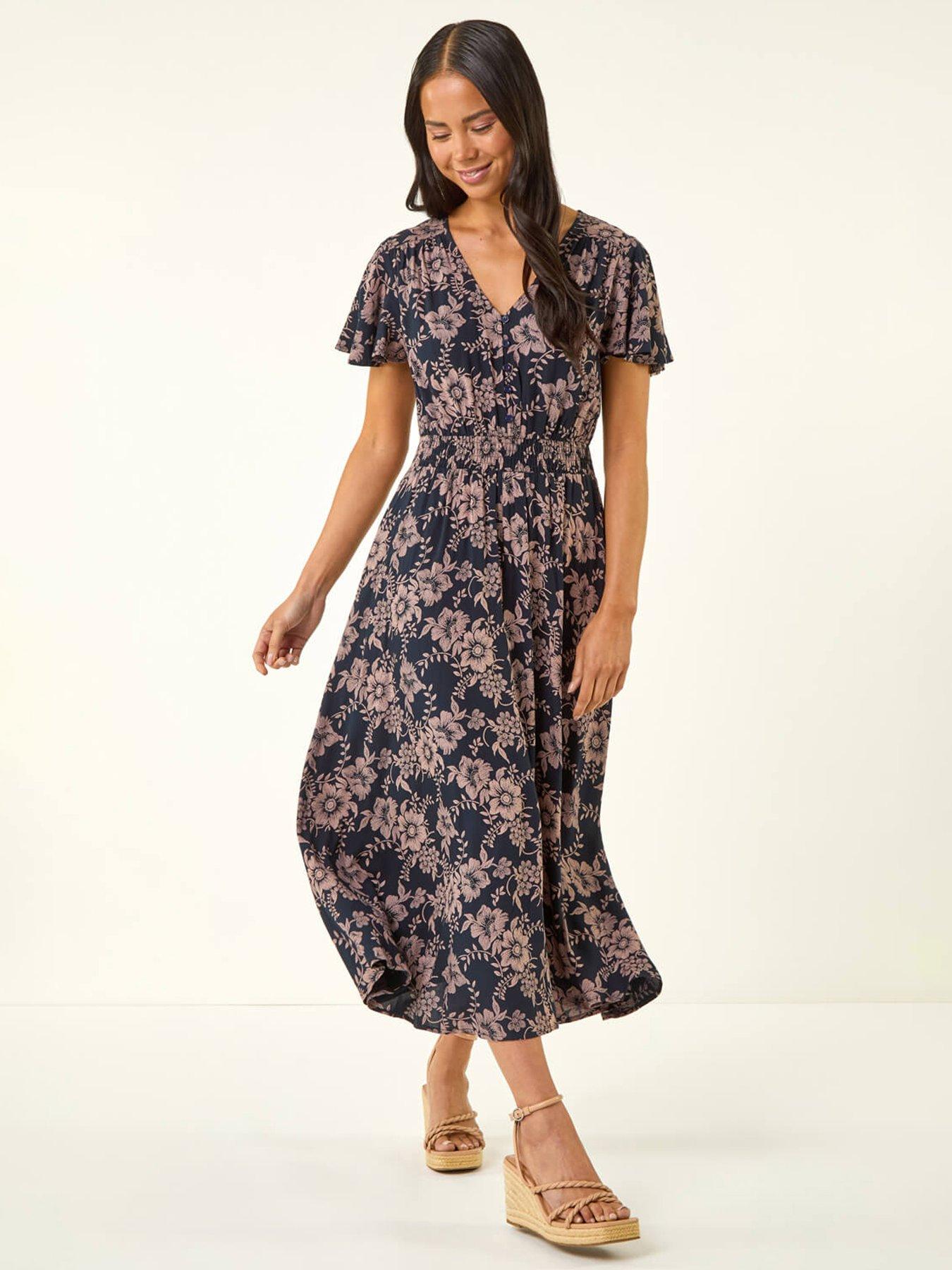 Roman Petite Floral Shirred Midi Dress