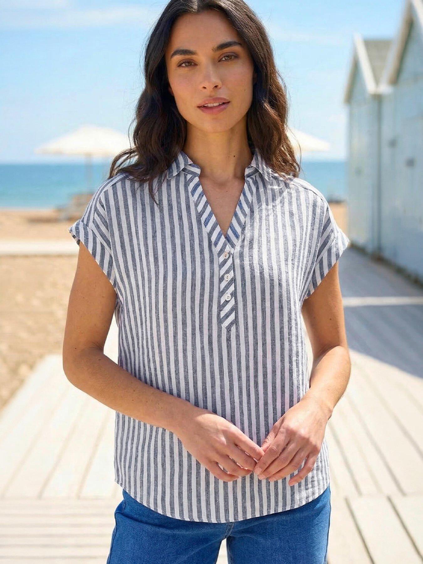 Roman Stripe Print Button Front Top