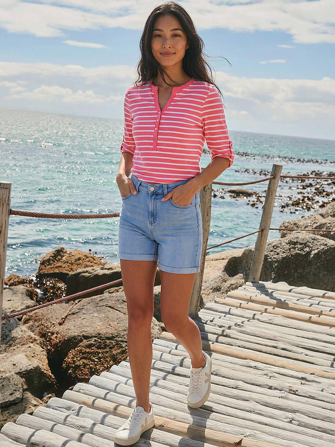 Image 1 of 5 of Roman Petite Stripe V-neck Button Top