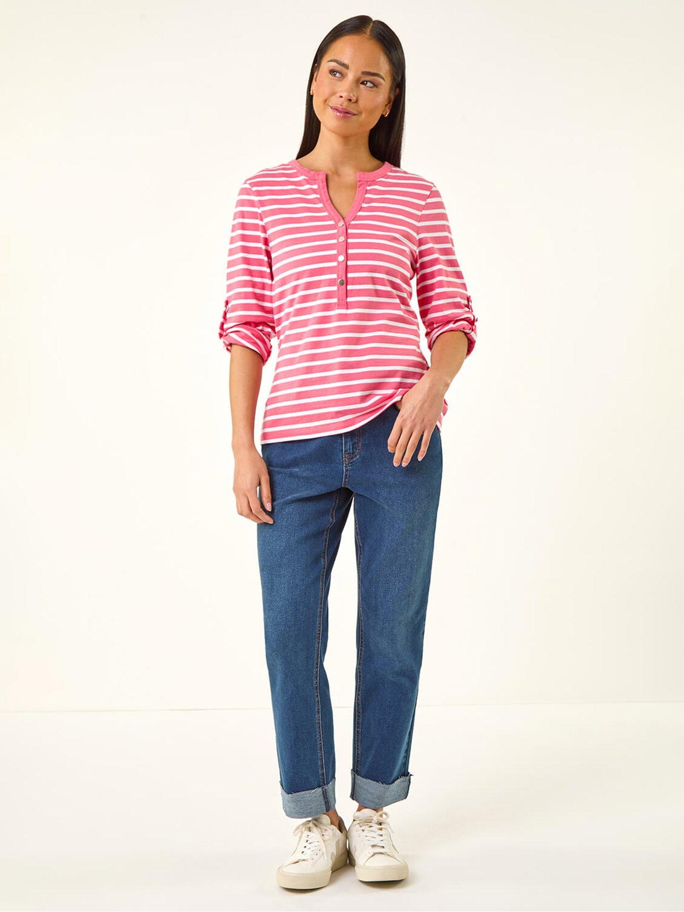 Image 3 of 5 of Roman Petite Stripe V-neck Button Top