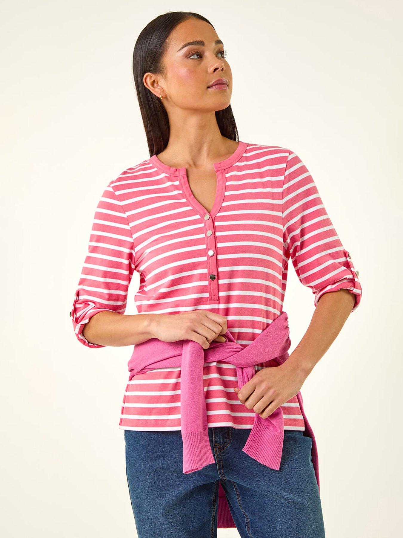 Image 4 of 5 of Roman Petite Stripe V-neck Button Top