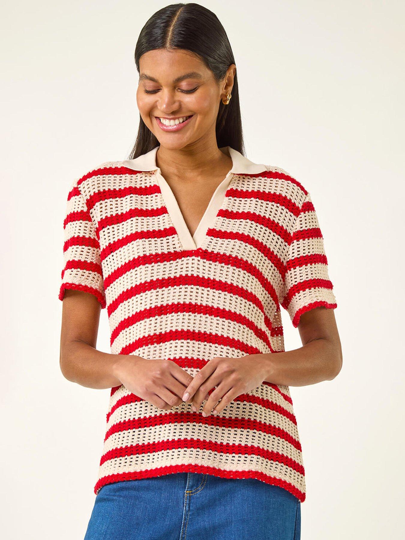 Roman Stripe Crochet Collar Knit Top