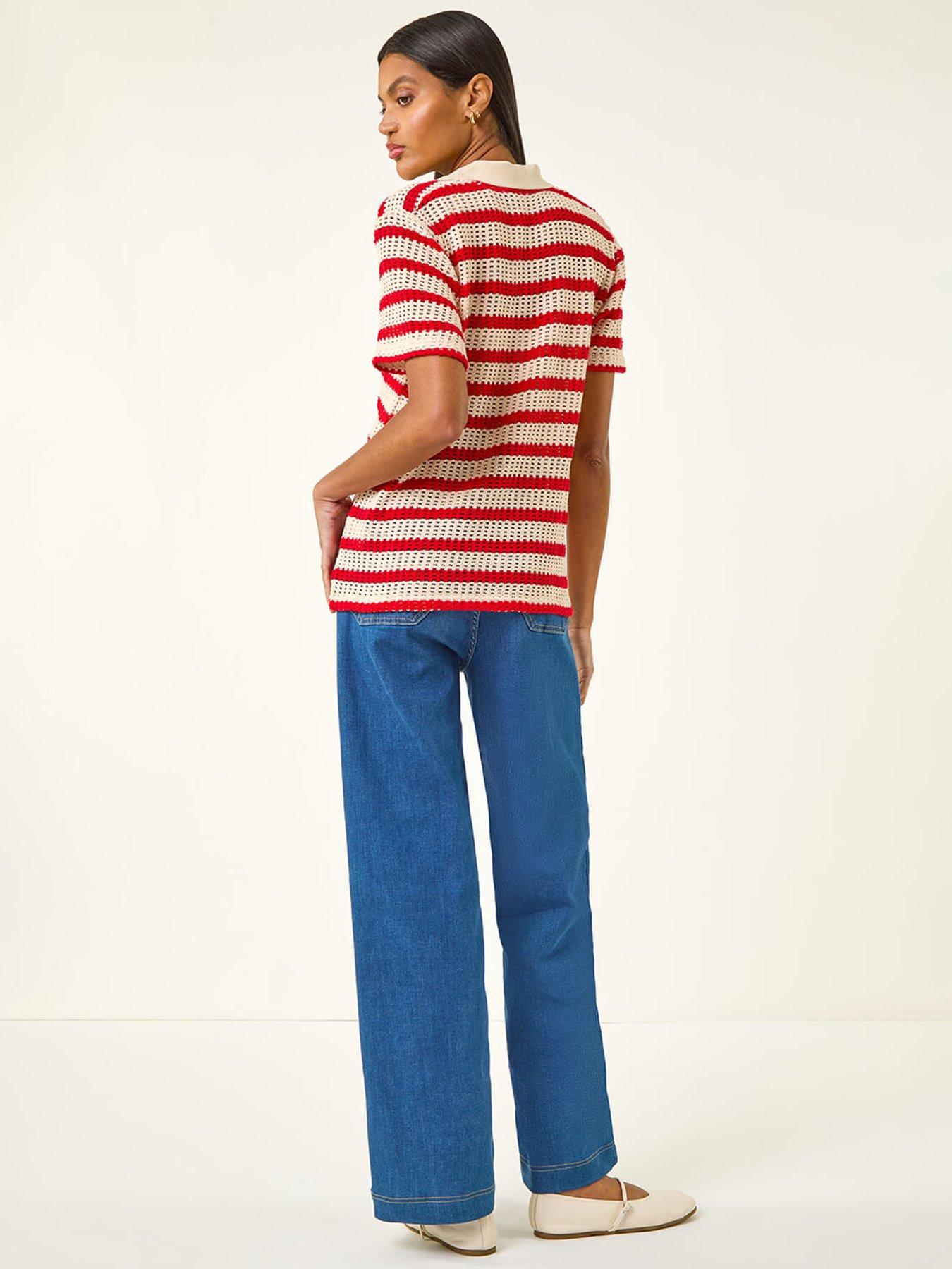 Image 2 of 5 of Roman Stripe Crochet Collar Knit Top