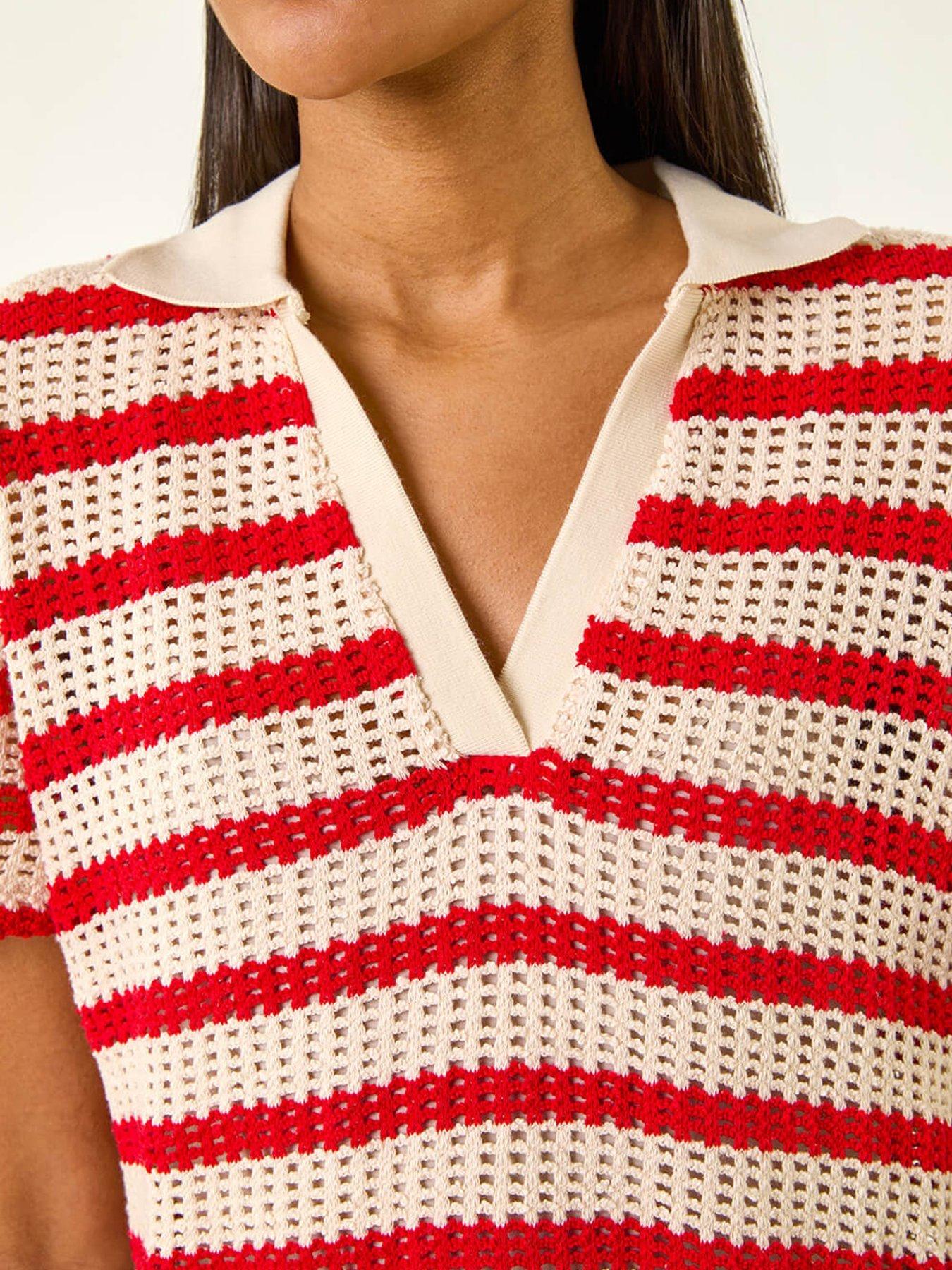 Image 5 of 5 of Roman Stripe Crochet Collar Knit Top
