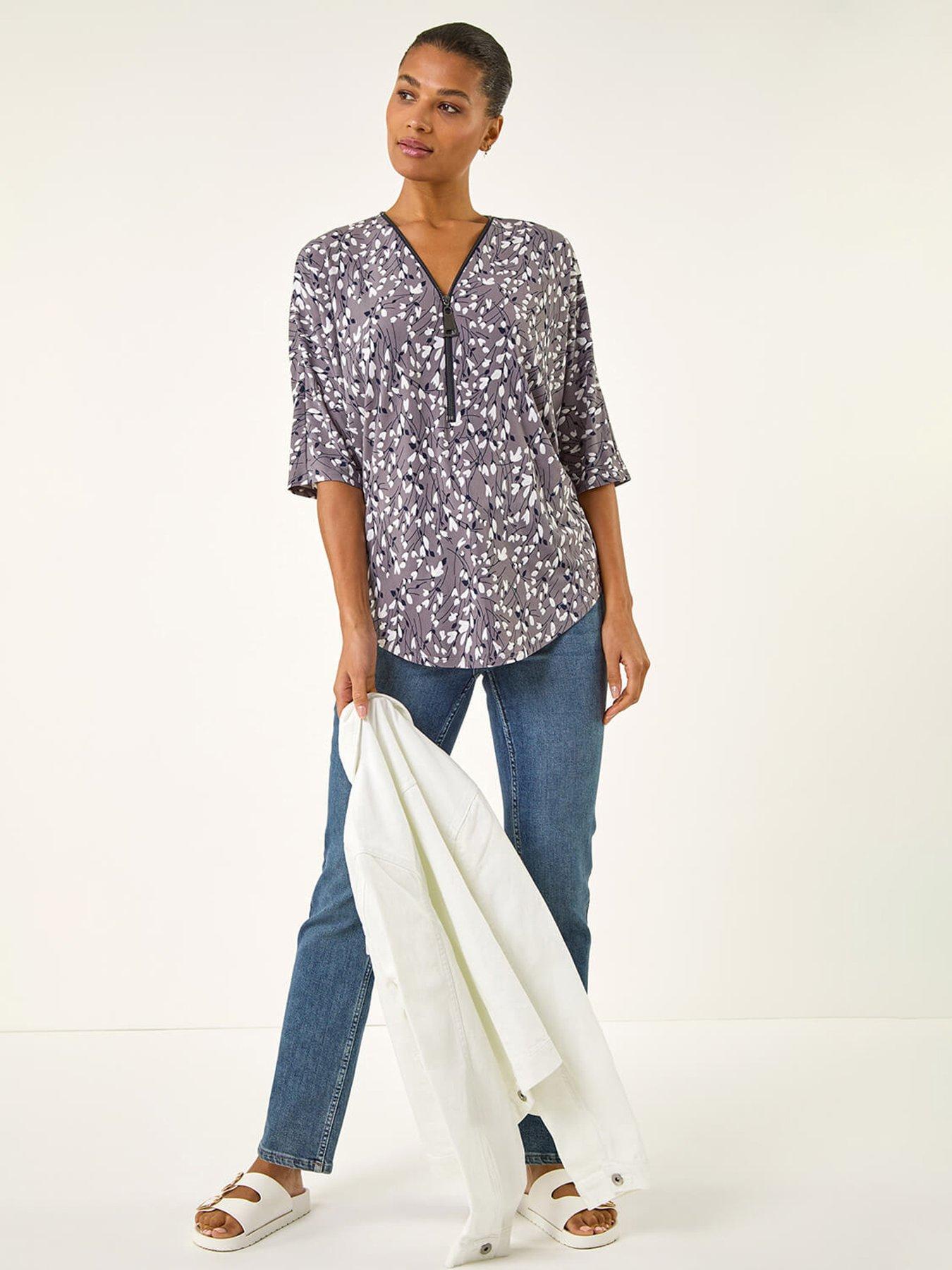 Image 3 of 5 of Roman Printed Zip Front V-neck Stretch Top