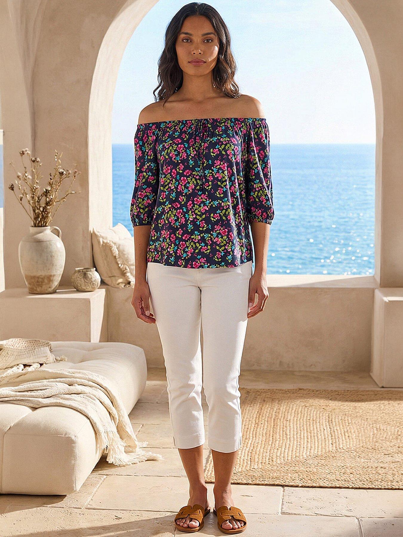 Image 1 of 5 of Roman Floral Print Stretch Bardot Top