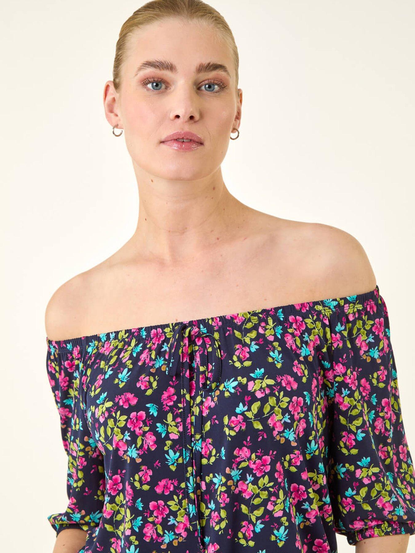 Image 4 of 5 of Roman Floral Print Stretch Bardot Top
