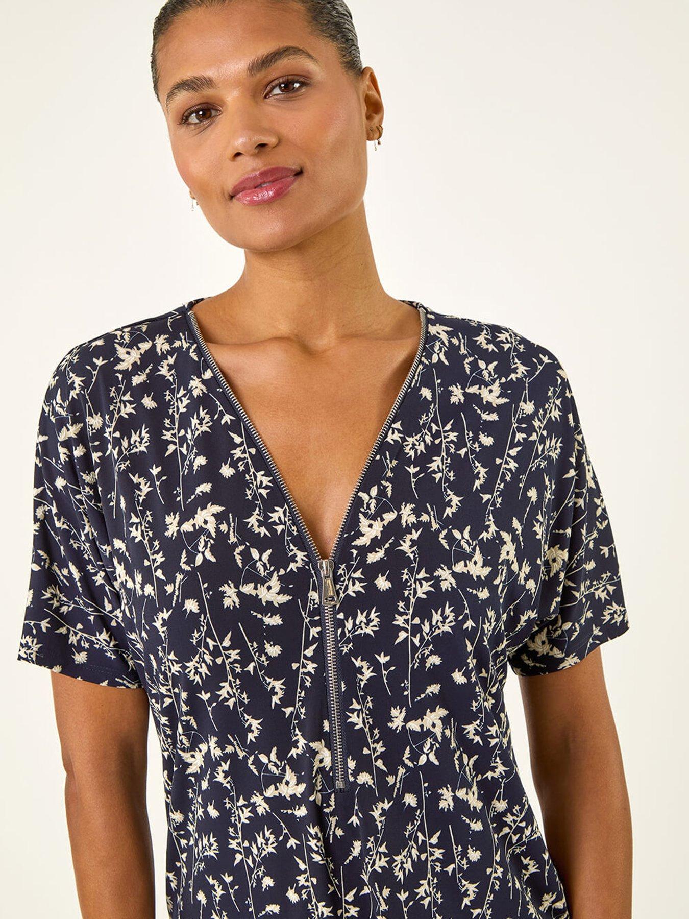 Image 4 of 5 of Roman Floral Puff Print Zip Front Top