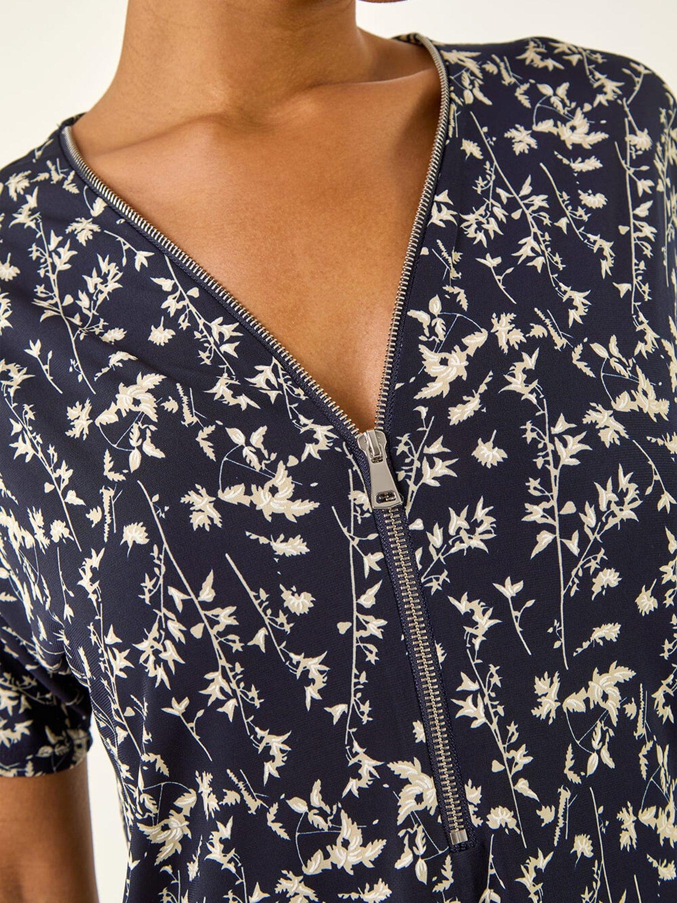 Image 5 of 5 of Roman Floral Puff Print Zip Front Top