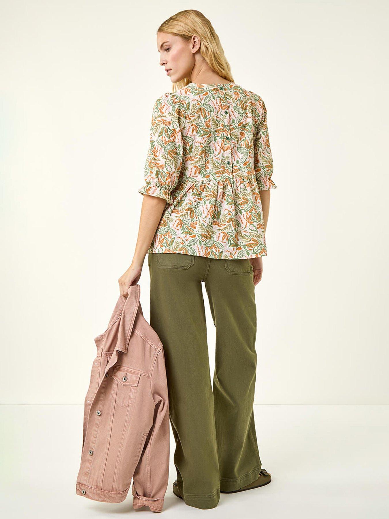 Image 2 of 5 of Roman Leaf Print Textured Stretch Top