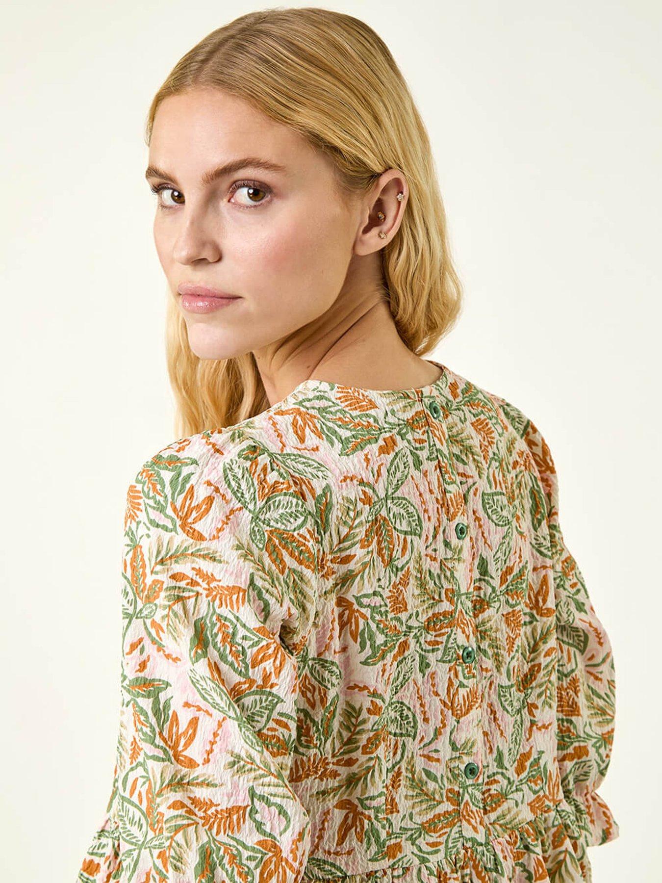 Image 4 of 5 of Roman Leaf Print Textured Stretch Top