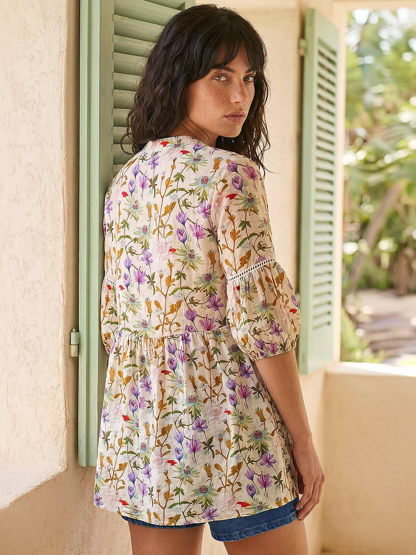Image 3 of 4 of Roman Floral Print Ladder Trim Overshirt