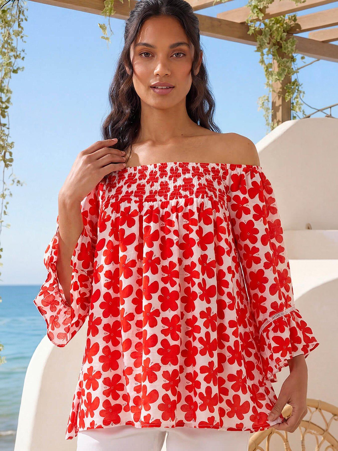 Image 1 of 5 of Roman Floral Print Bardot Top