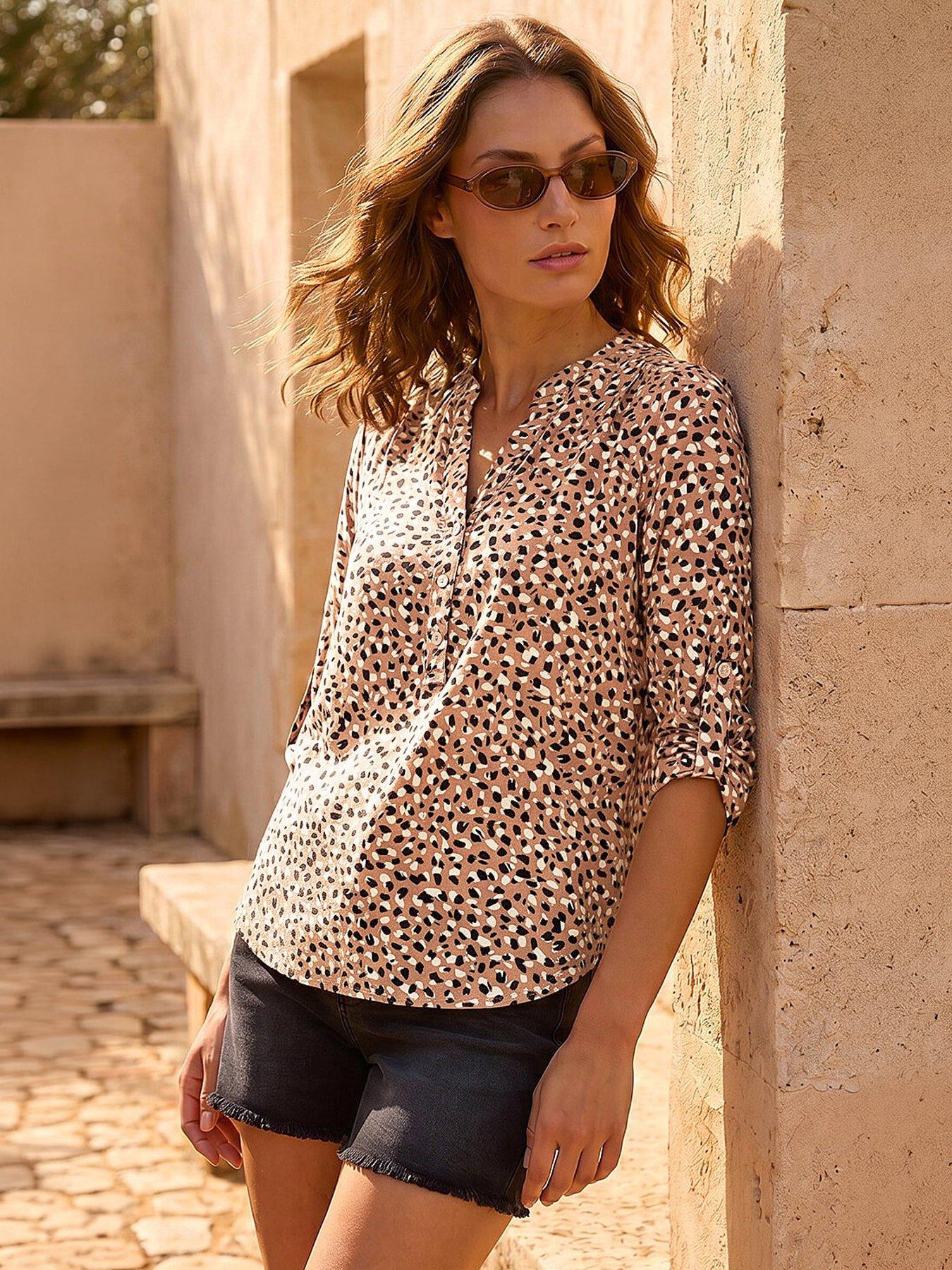 Roman Petite Animal Print Button Stretch Shirt
