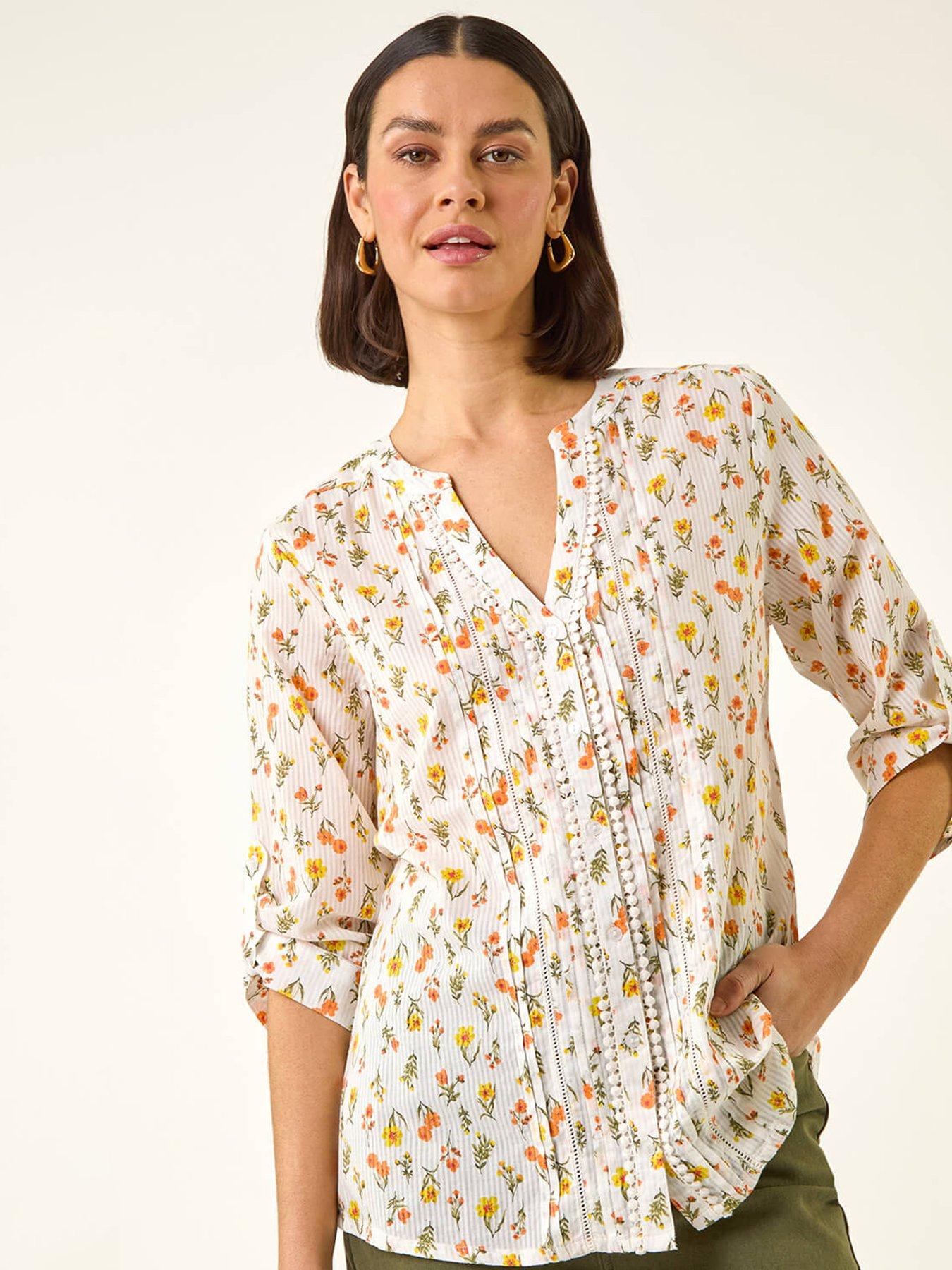Roman Floral Print Trim Blouse