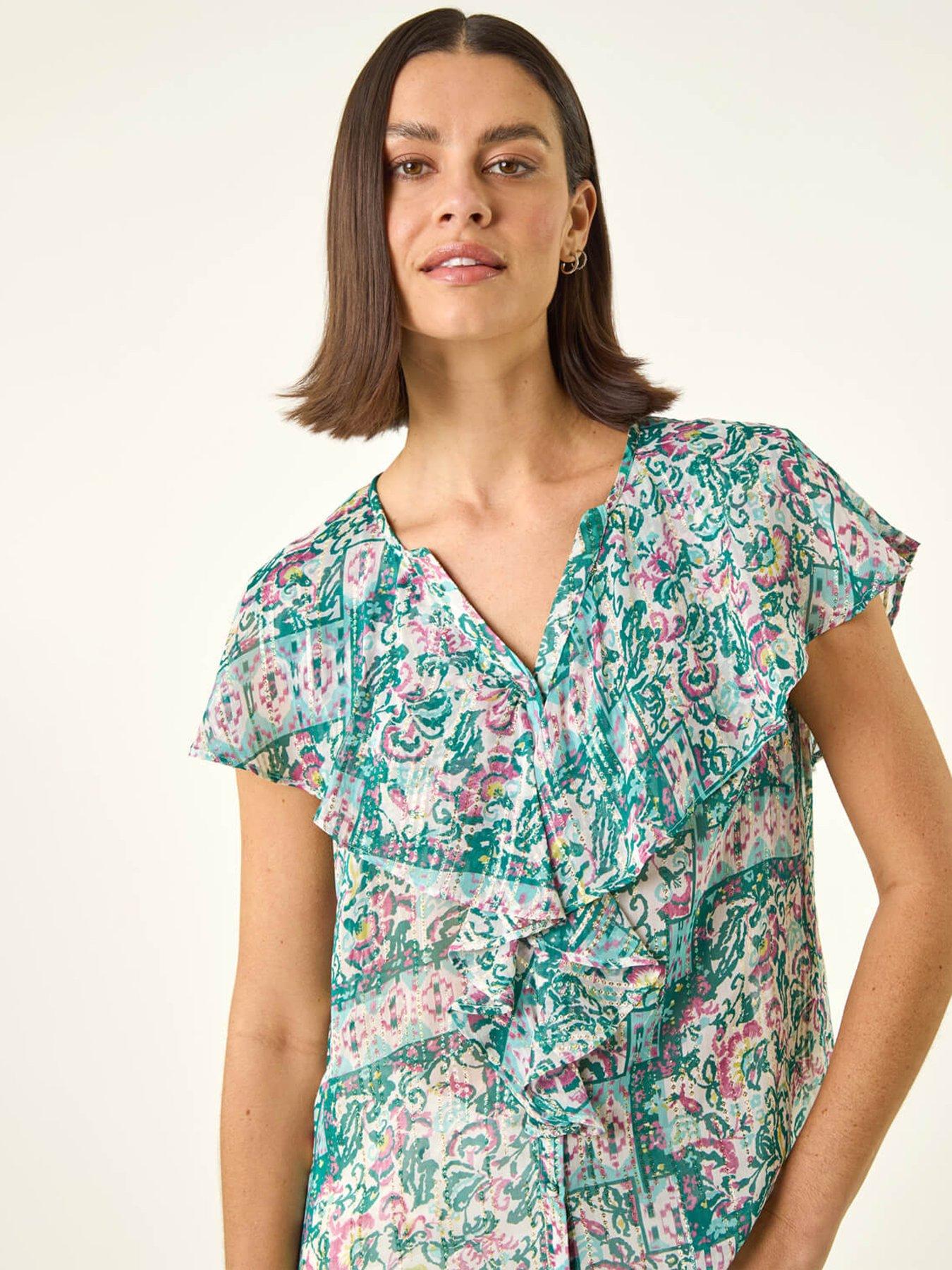 Image 4 of 5 of Roman Abstract Print Ruffle Front Blouse
