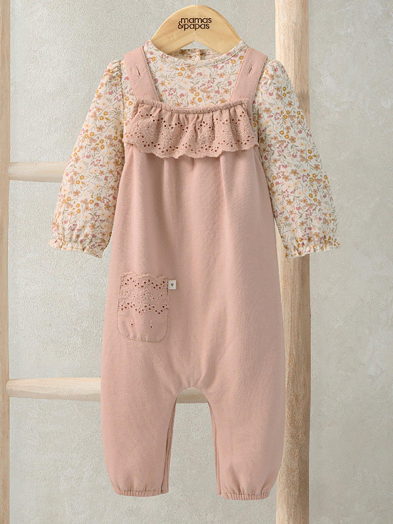 Mamas & Papas Baby Girls 2 Piece Broderie Dungarees & Bodysuit Set - Pink