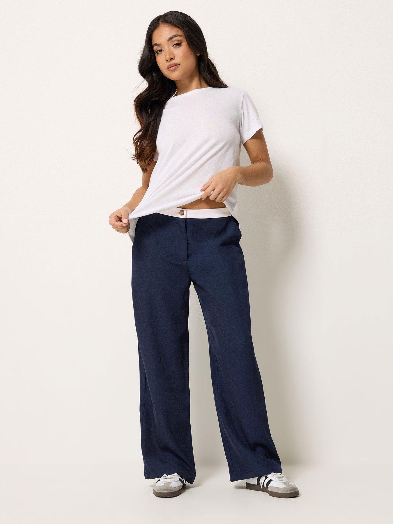 Image 3 of 5 of PixieGirl Petite Button Detail Wide Leg Trouser - Blue