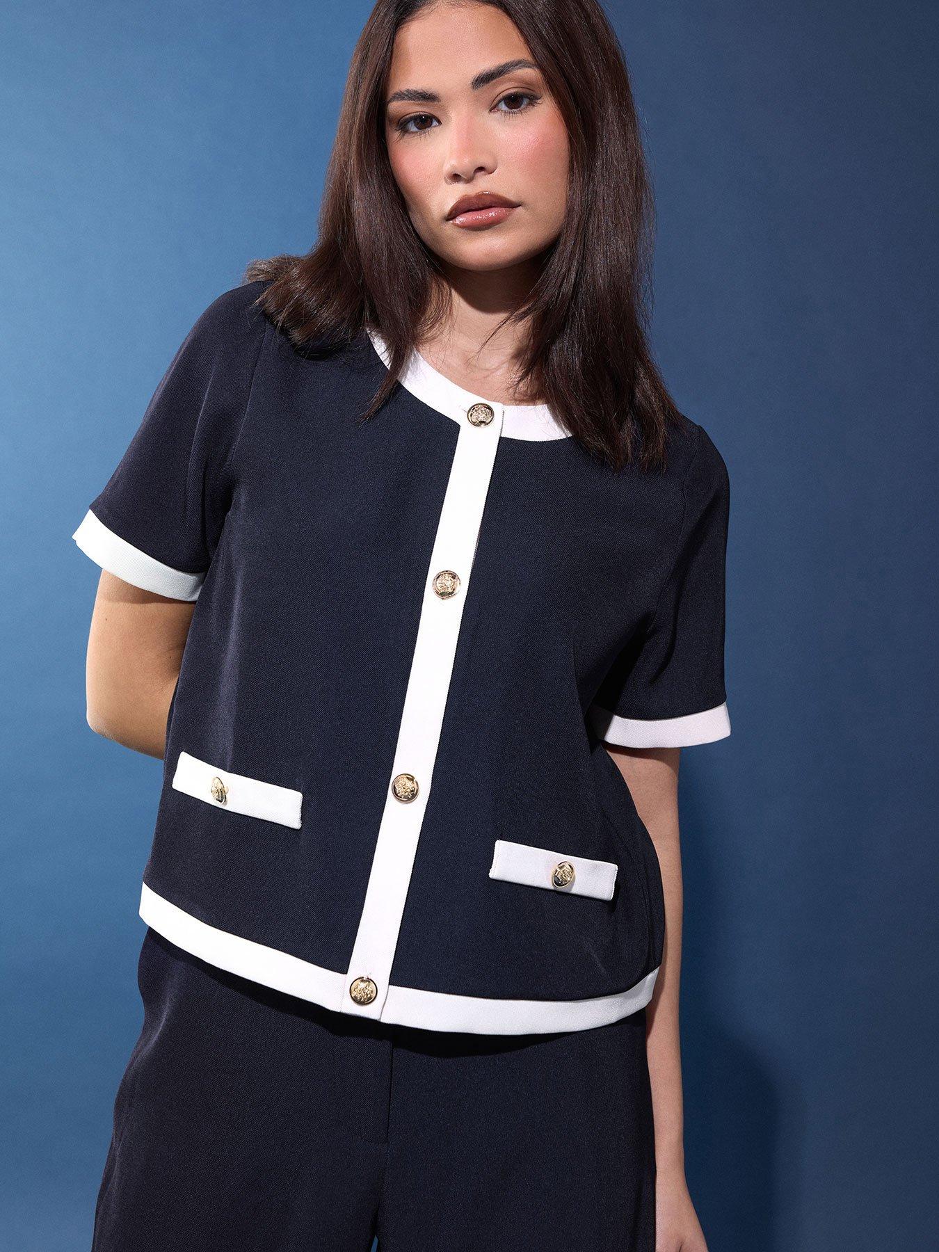 pixiegirl-petite-button-contrast-trim-short-sleeve-blousefront