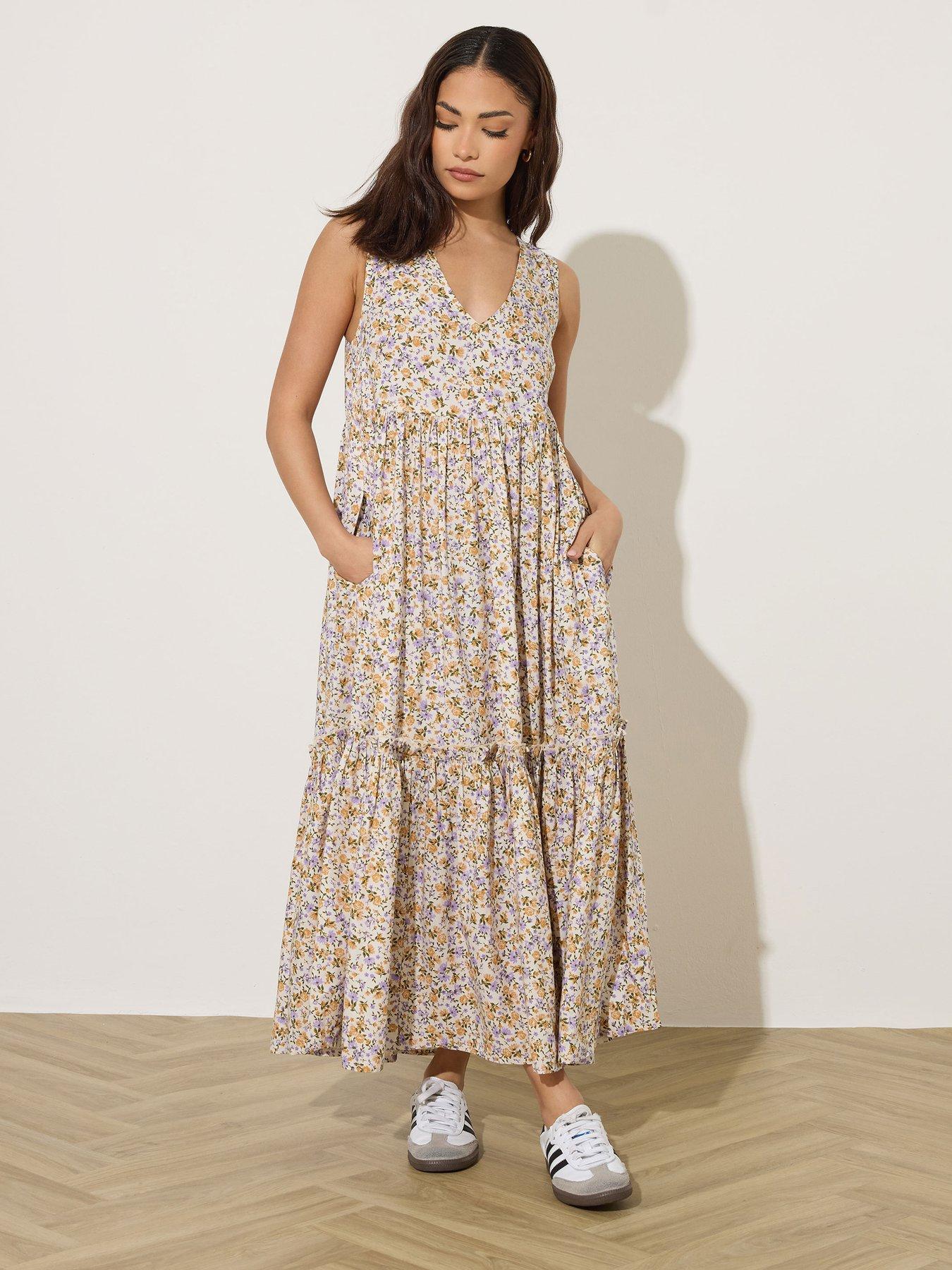 PixieGirl Petite Ditsy Frill Tiered Midi Dress - Purple