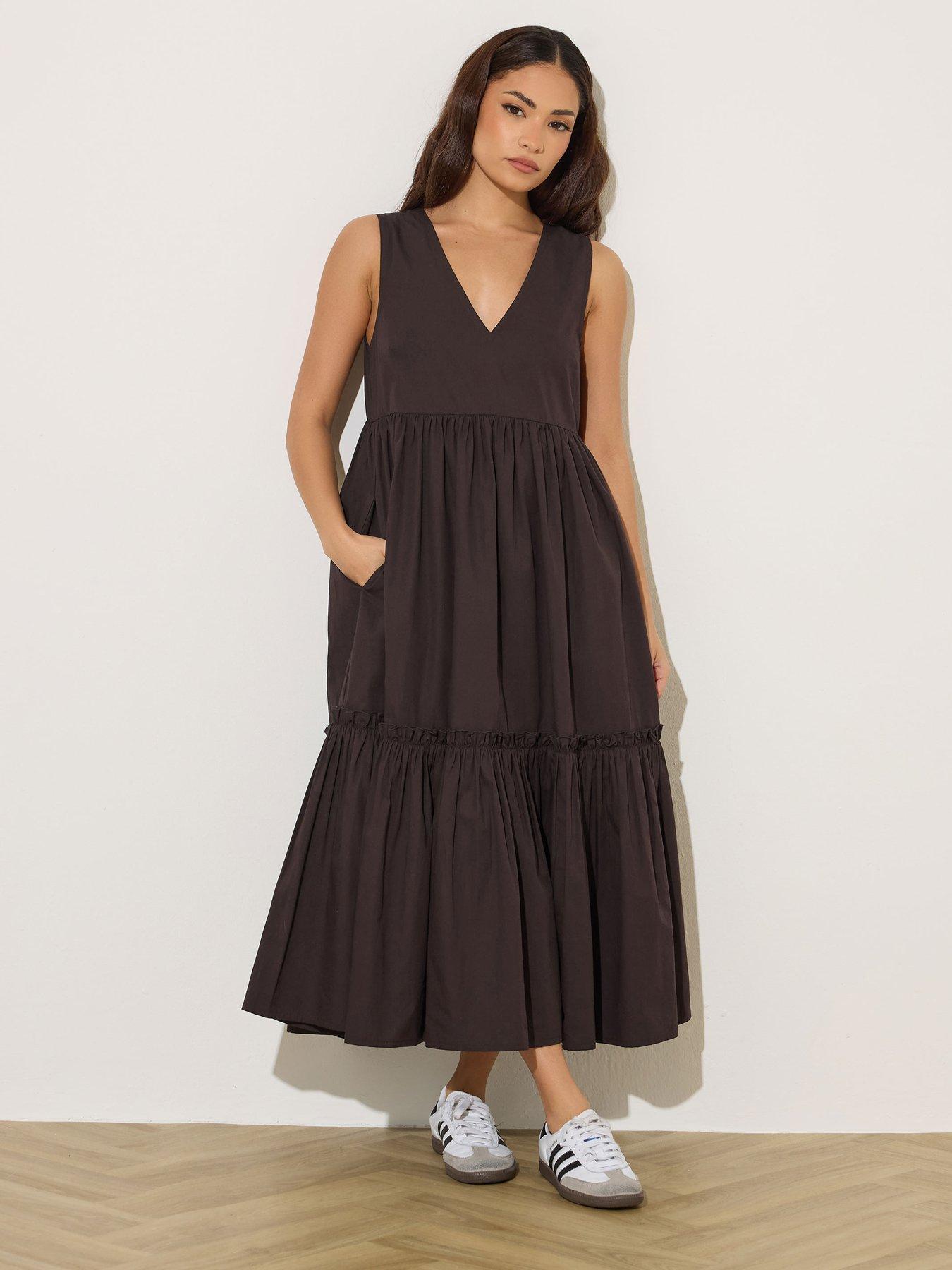 pixiegirl-petite-frill-tiered-midi-dress-brownfront
