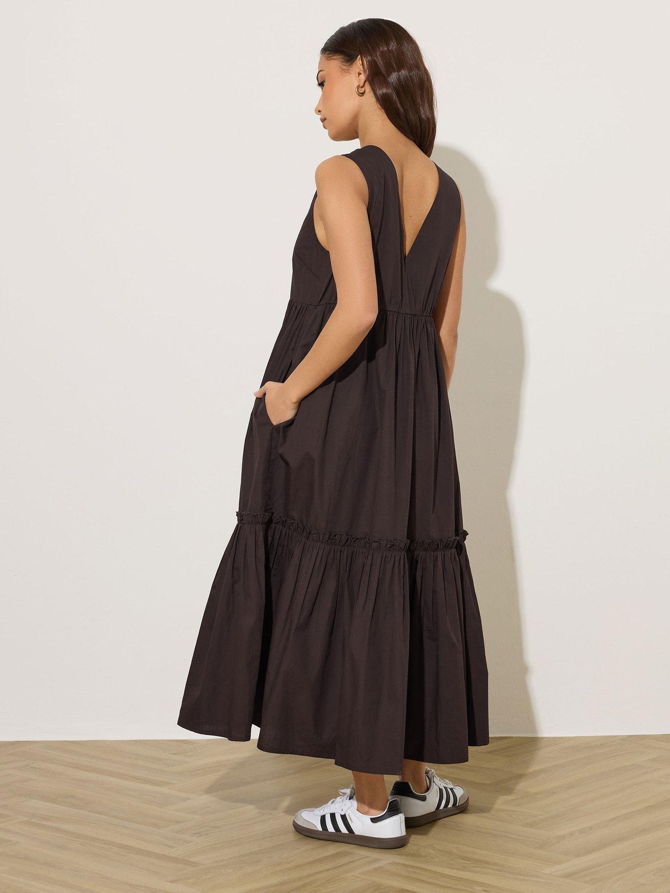 pixiegirl-petite-frill-tiered-midi-dress-brownstillFront