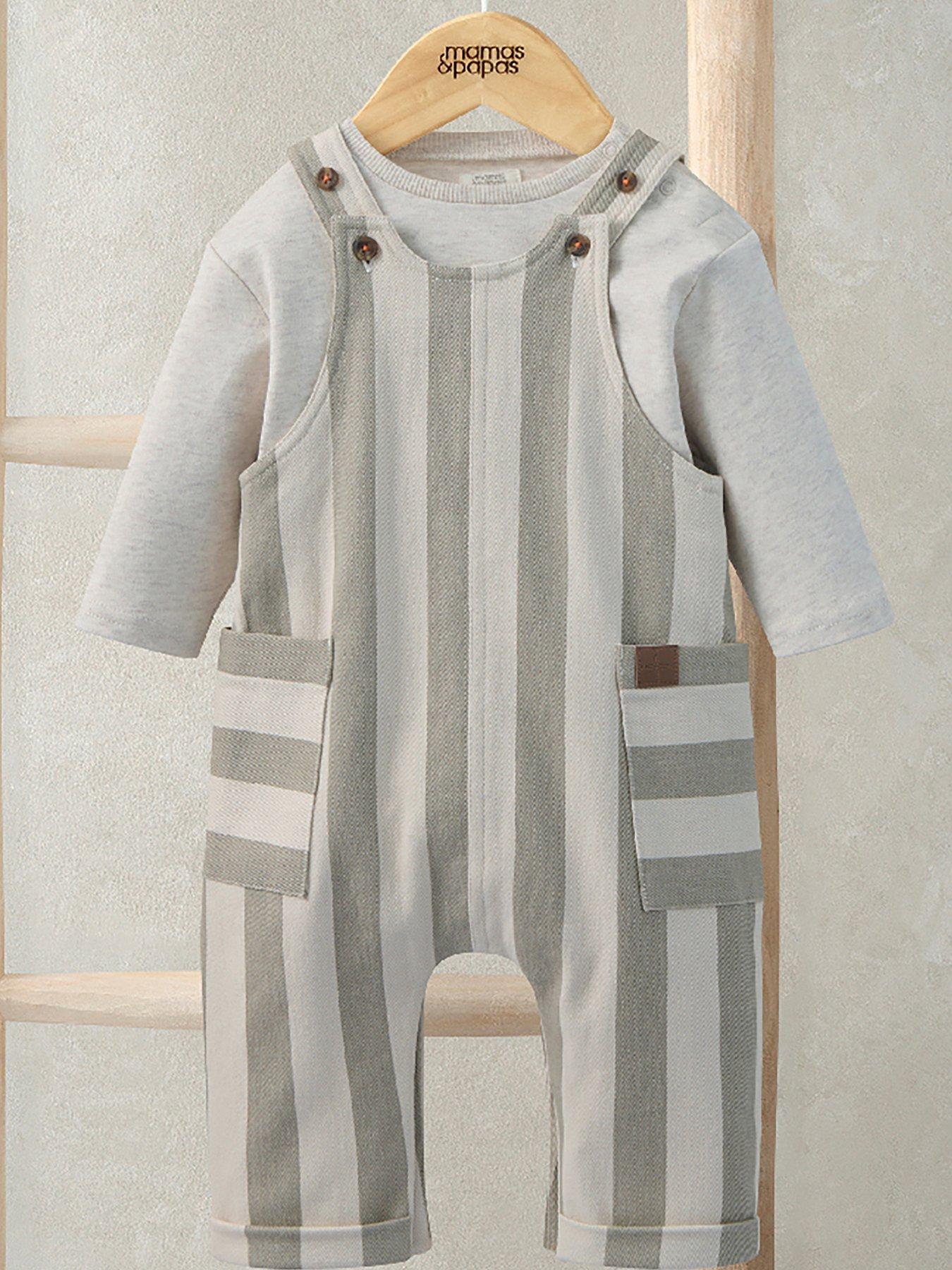 Image 1 of 3 of Mamas & Papas Baby Boys 2 Piece Stripe Dungarees &amp; Ribbed Top Set - Green